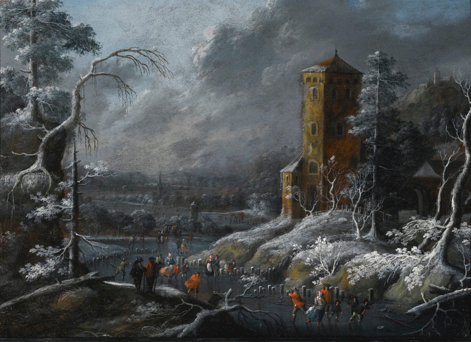 A Winter Landscape With Skaters on a Frozen River, Dirck Dalens III (Circle)