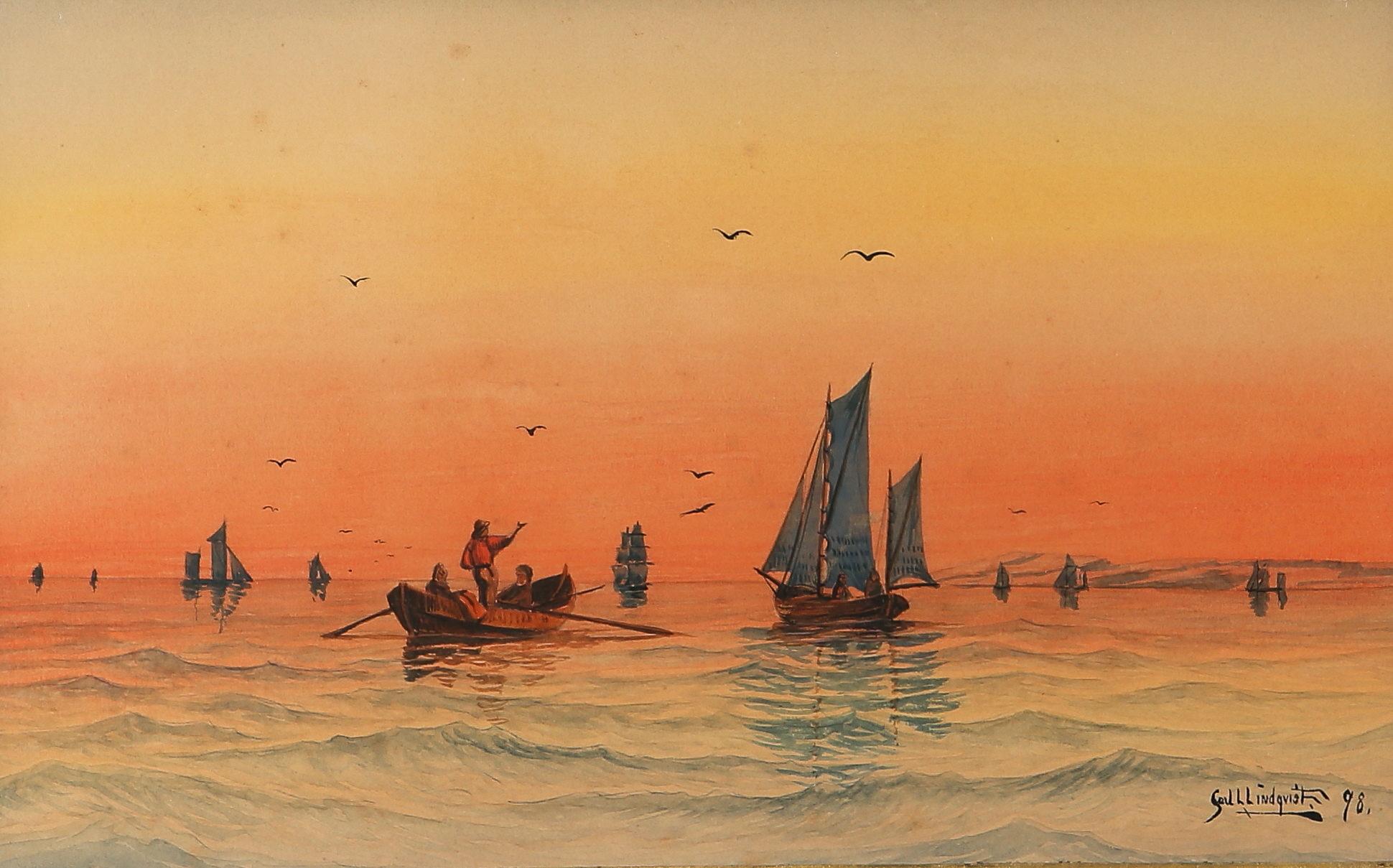 Entdecken Sie dieses Aquarell "Sunset Sailors" von Carl L. Lindqvist (1856-1941).

Treten Sie ein in die bezaubernde Welt des schwedischen Künstlers Carl L. Lindqvist mit seinem fesselnden Aquarell mit dem Titel "Sunset Sailors". Das 1898