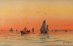 Sunset Sailors is a Watercolor by Swedish Artist Carl L Lindqvist, Painted 1898
