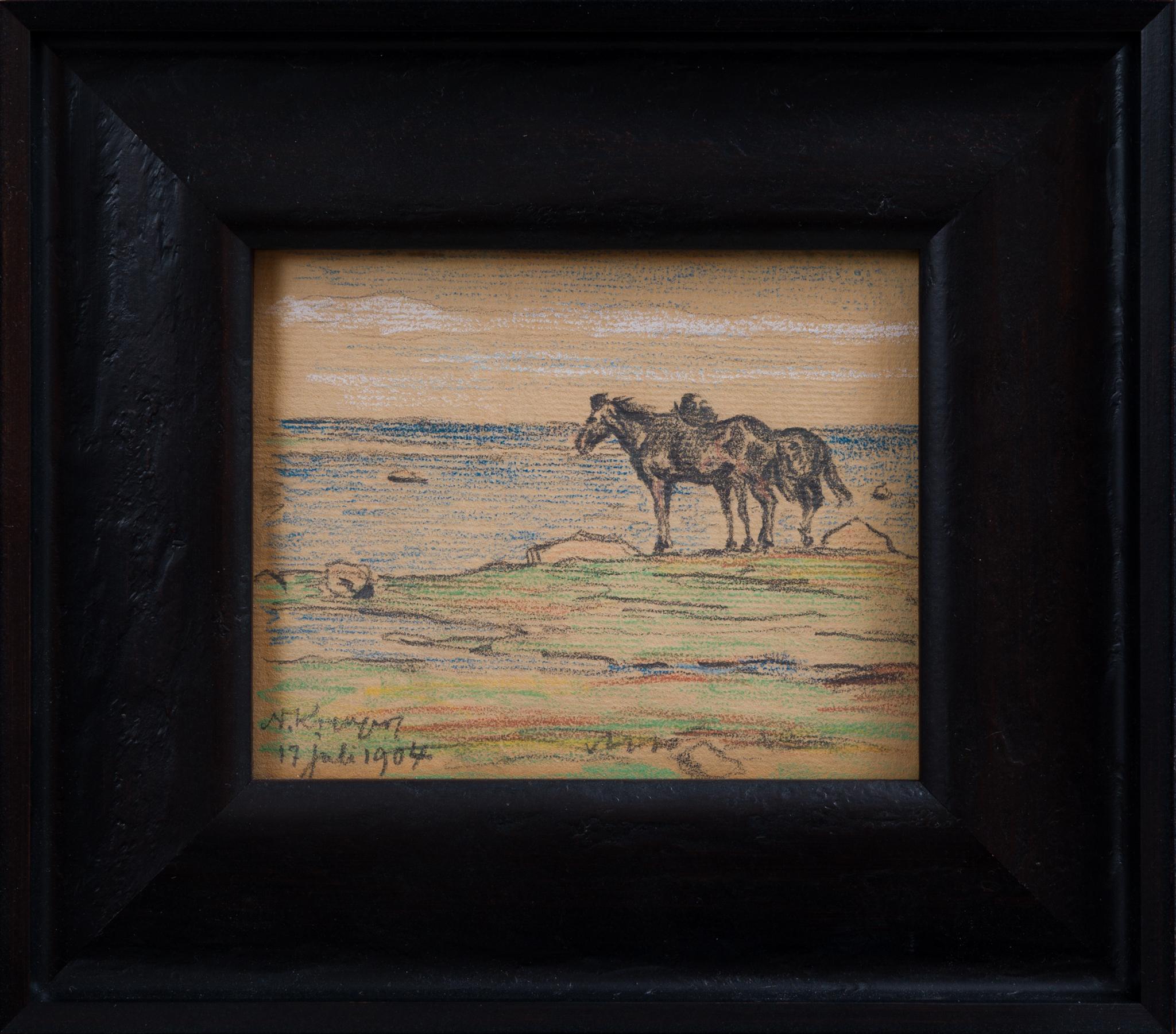 Deux chevaux au bord de la côte, peint au crayon au pastel, 1904