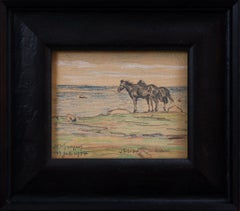 Antique Two Horses by the Shore, Painted With Pastel Crayon, 1904