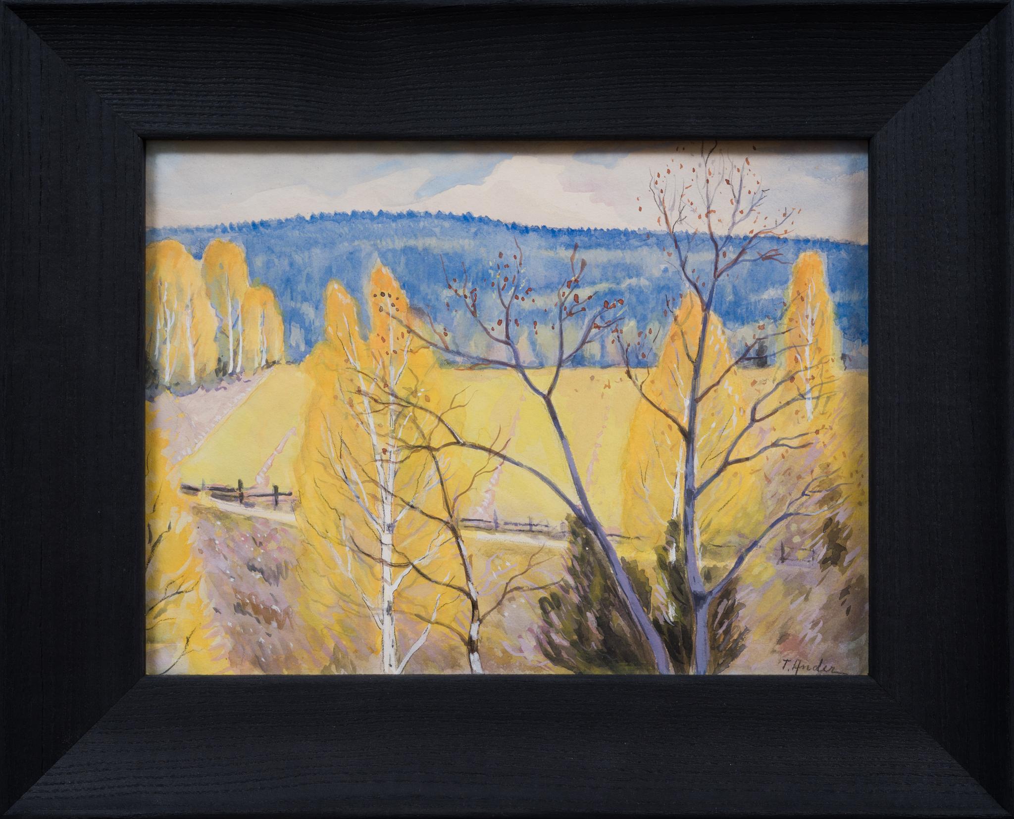"A Värmland Landscape" is a watercolor painting by Ture Ander, an artist who was a member of the Racken Group. This artwork, incorrectly titled "Vår i Värmland, 1941" (Spring in Värmland, 1941) on its verso, actually depicts a serene autumnal scene,