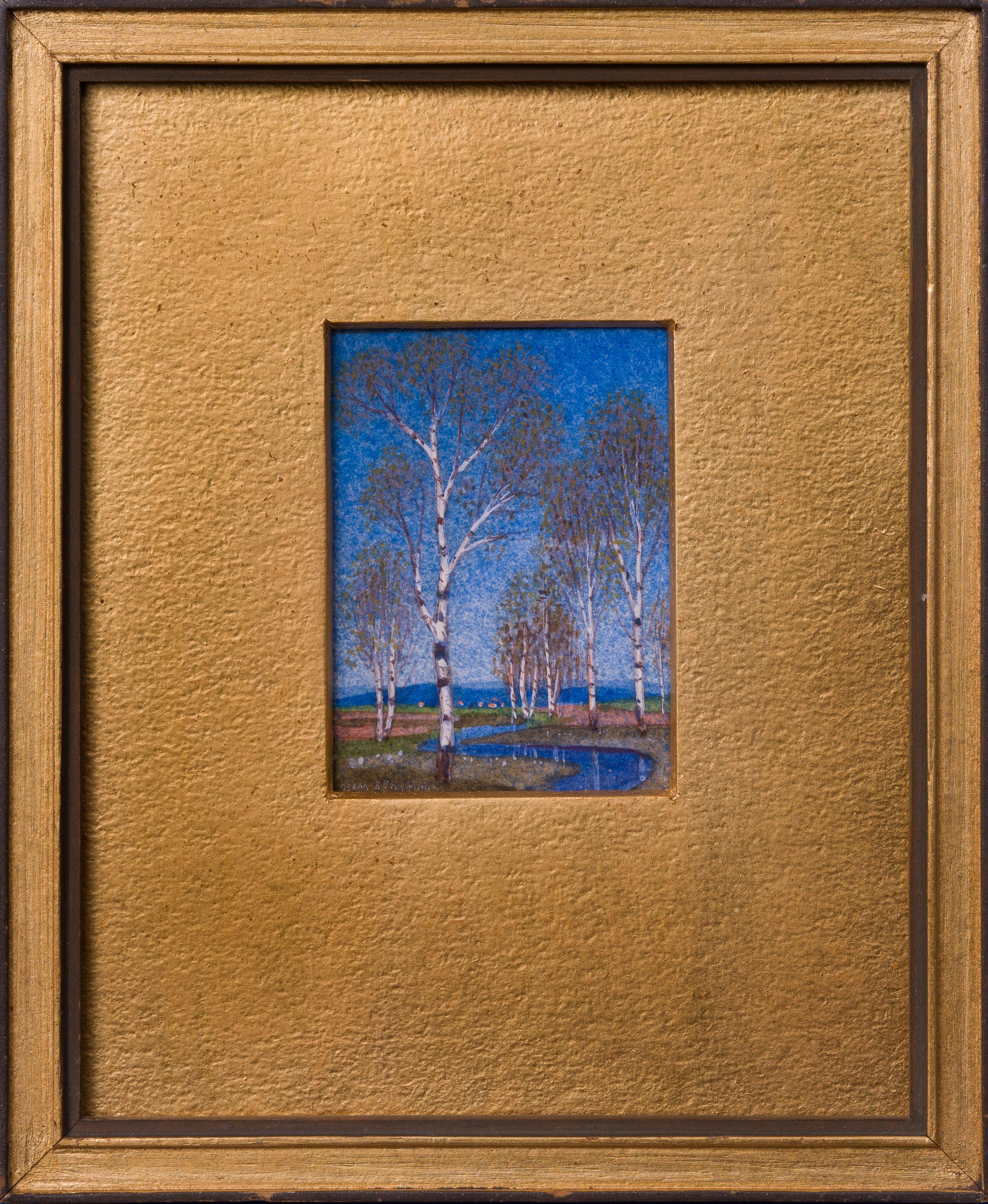 We are delighted to present this rare miniature landscape by the artist Oskar Bergman. Measuring just 5.5 x 4 cm, this exquisite piece comes with its original frame and gold passepartout.

The painting beautifully depicts a tranquil scene of birch