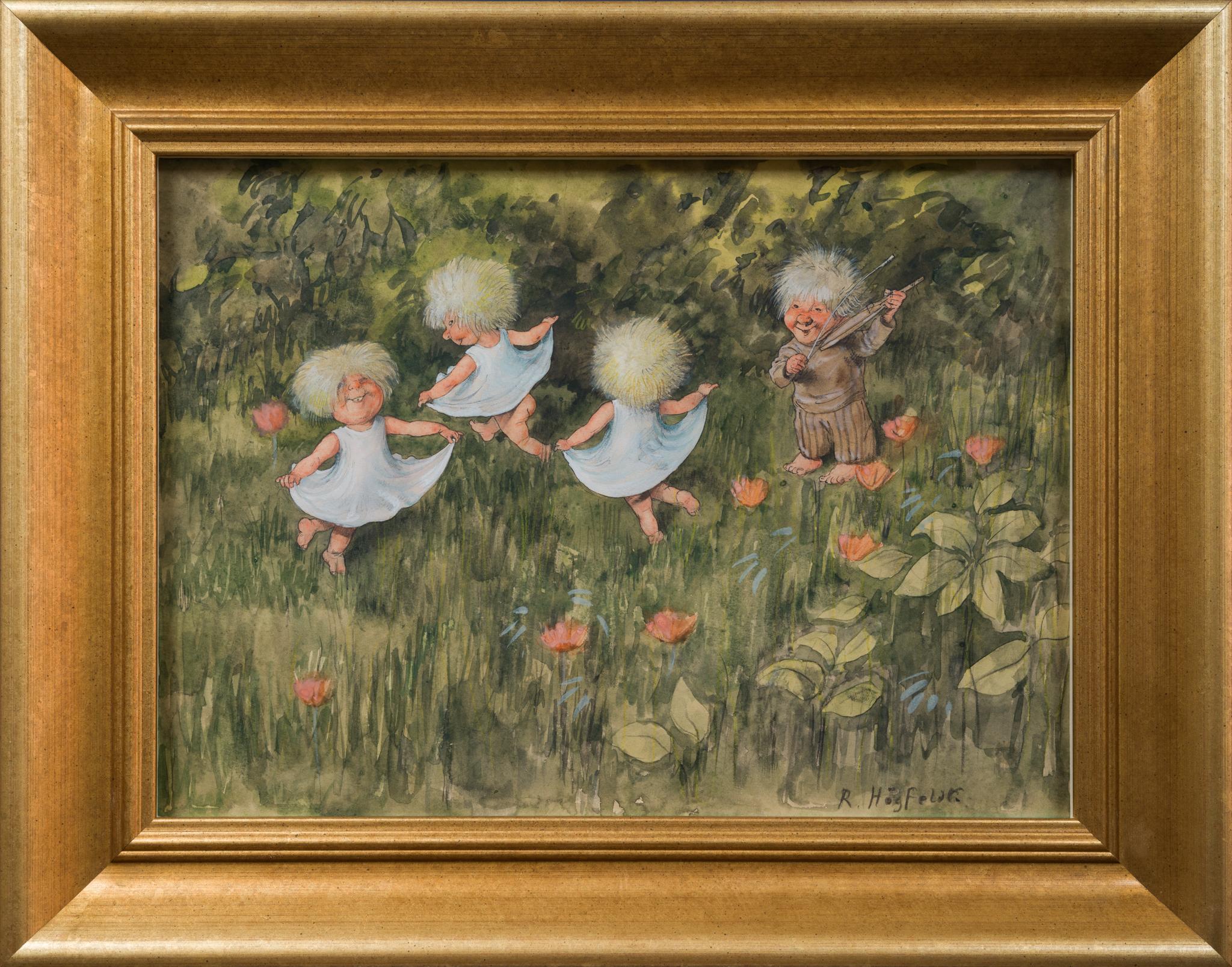 We are delighted to offer a captivating watercolor painting by the artist Robert Högfeldt. This charming piece features a group of joyful figures, affectionately referred to as "gubbar" by Högfeldt himself. The scene captures the essence of
