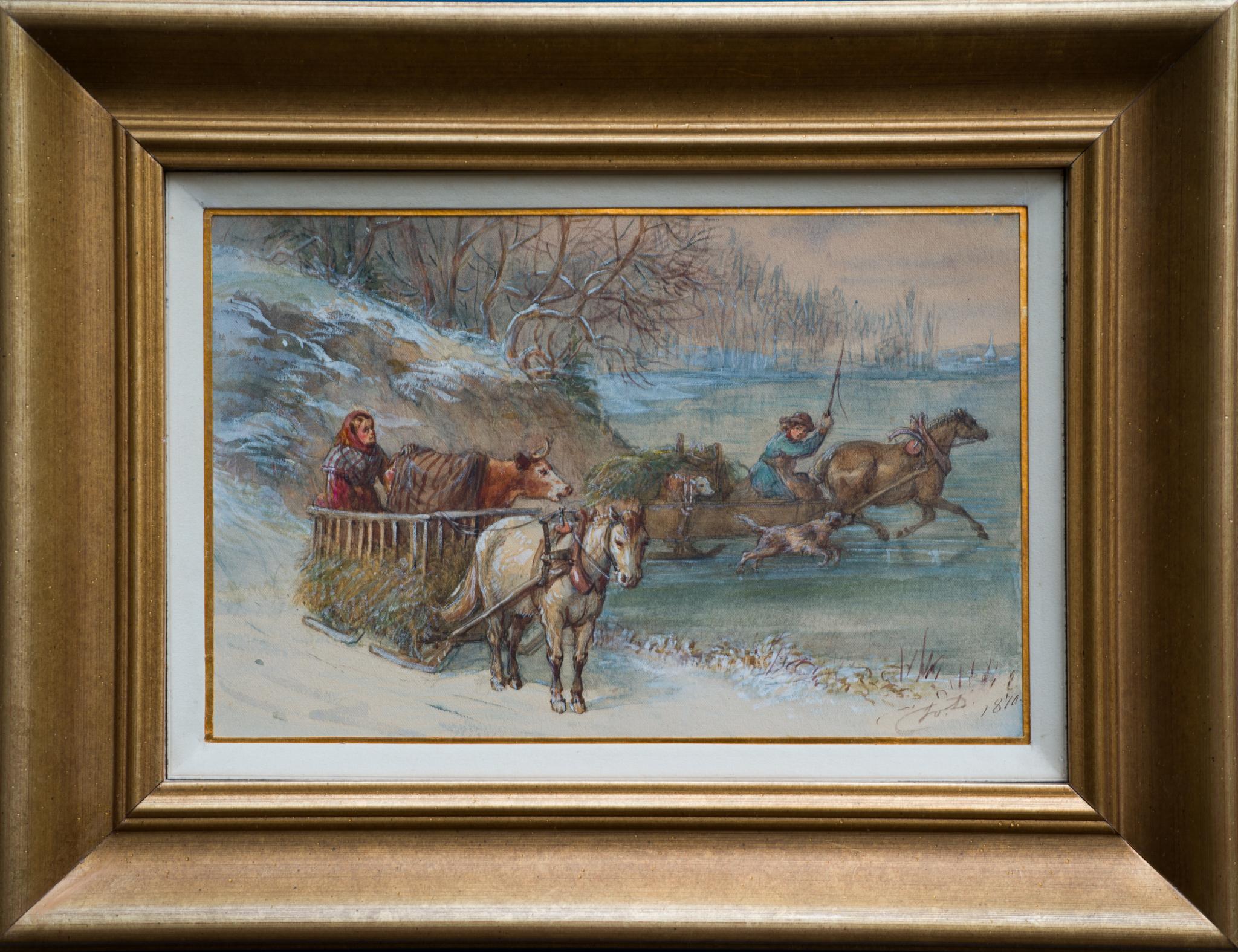 Across the Frozen River, 1870, Original-Aquarell