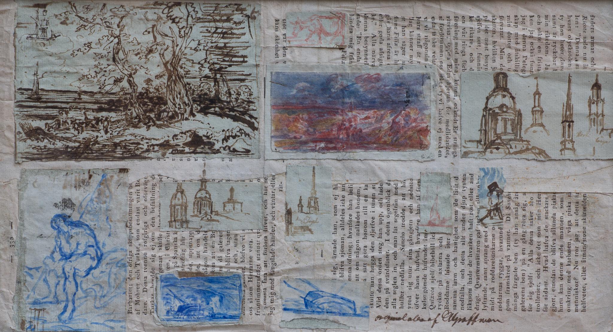 CARL SAMUEL GRAFFMAN Figurative Art - Eleven drawings of various subjects mounted on a printed sheet