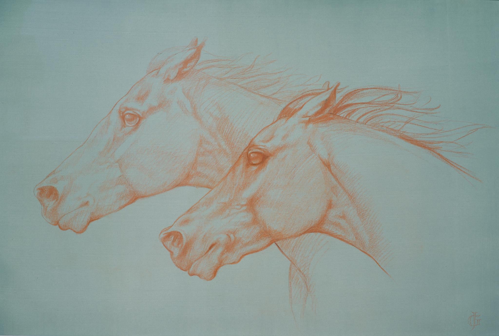 Sepia-Kreidegemälde „At Full Gallop“ des englischen Künstlers James Gillick