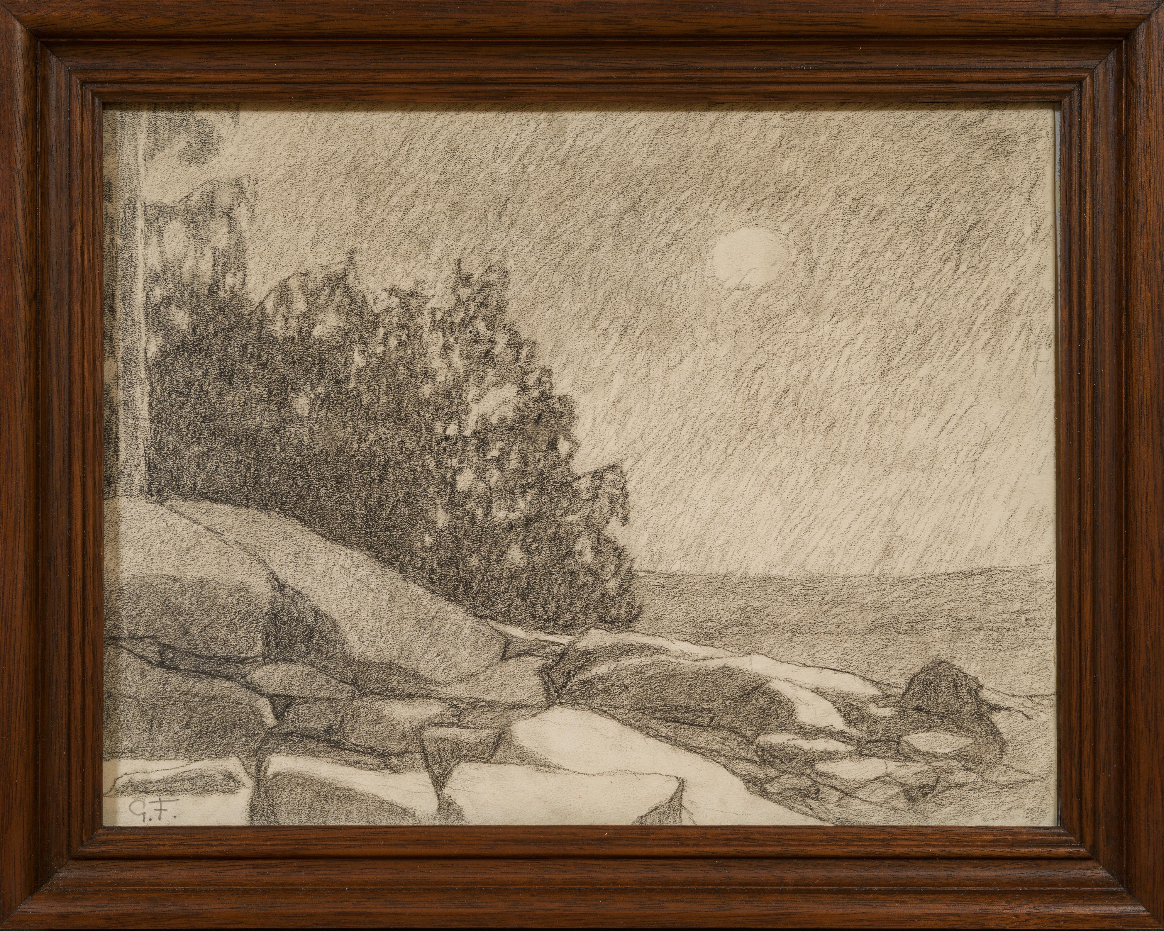 Una costa rocciosa di notte, con la luna piena - Mixed Media Art di Gustaf Fjaestad