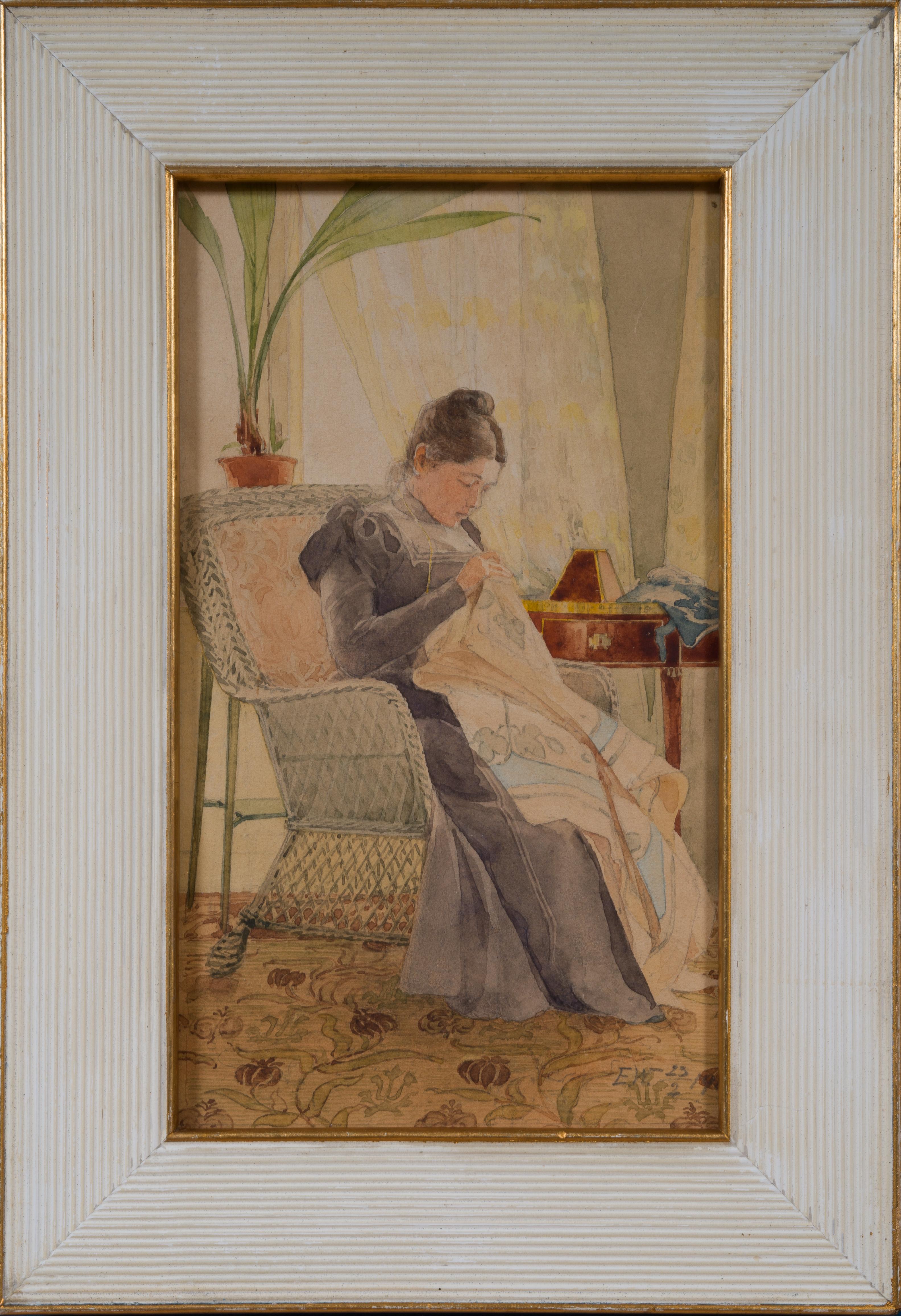 Acuarela de la artista Ella Waldenström que representa a una mujer cosiendo, 1900