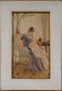 Aquarelle de l'artiste féminine Ella Waldenström représentant une femme en train de coudre, 1900