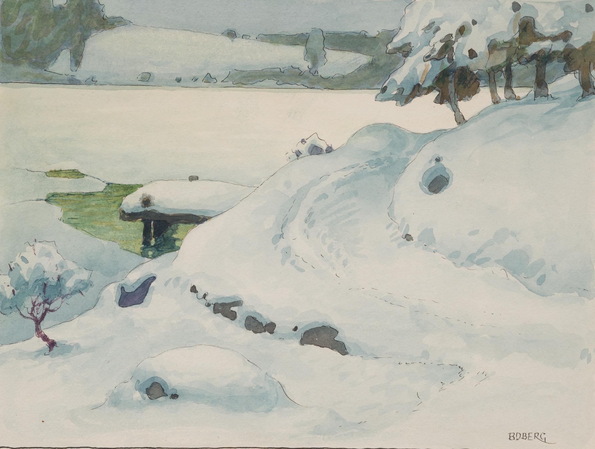 Paisaje invernal con embarcadero junto a una vía fluvial helada - Art de Ferdinand Boberg
