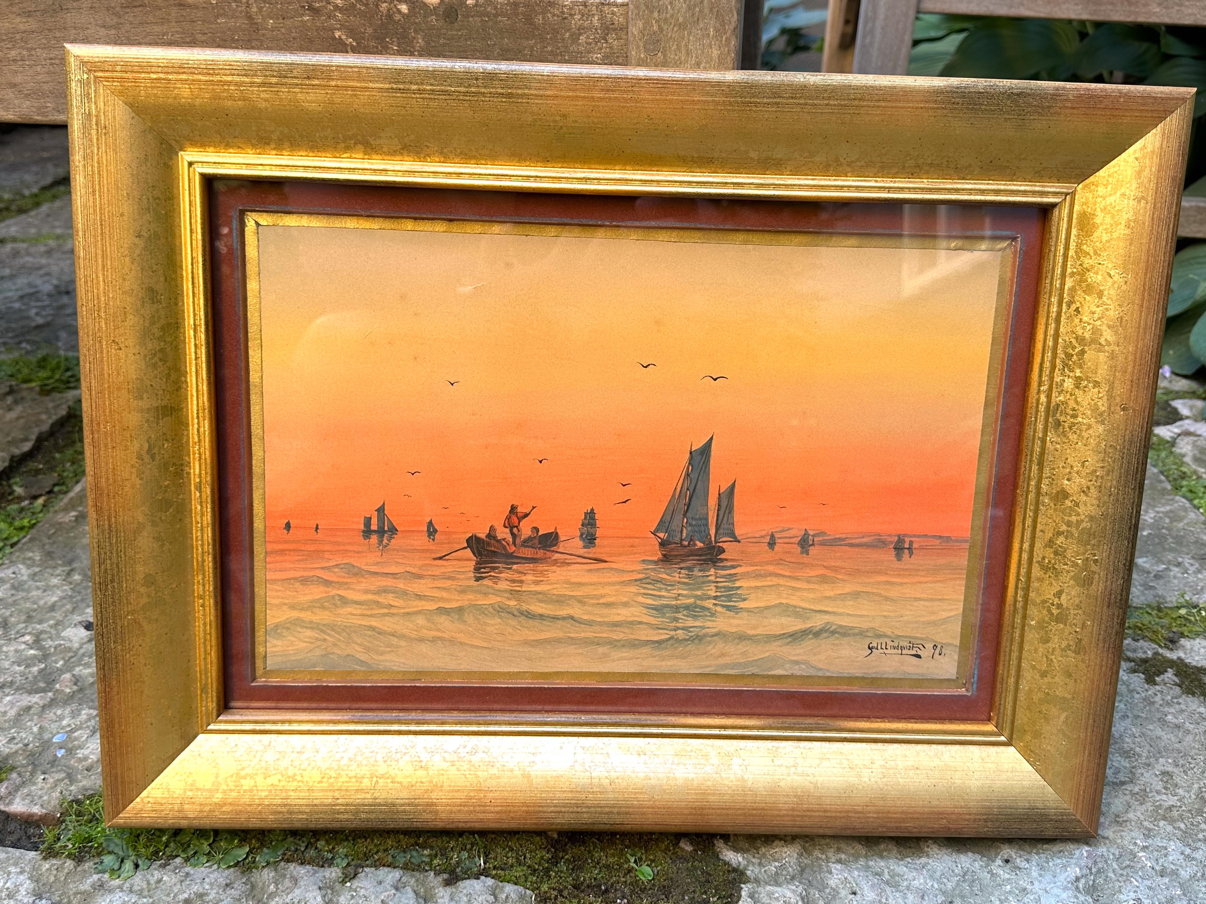 Sunset Sailors ist ein Aquarell des schwedischen Künstlers Carl L Lindqvist, gemalt 1898 im Angebot 1