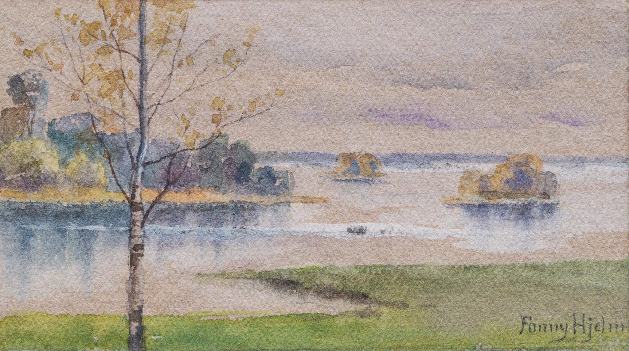 Schöne kleine Landschafts-Aquarell von Fanny Hjelm, Ende des Herbst im Angebot 2