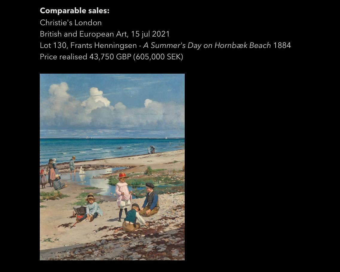 Frants Henningsen (1850-1908) Denmark 

A Summer's Day on Hornbæk Beach, 1886

pastel on canvas
unframed 41 x 33 cm (16.14 x 12.99 inches) 
framed 56 x 49 cm (22.05 x 19.29 inches)
hand made oak frame by Stockholms Bildhuggeri

Provenance: 
A