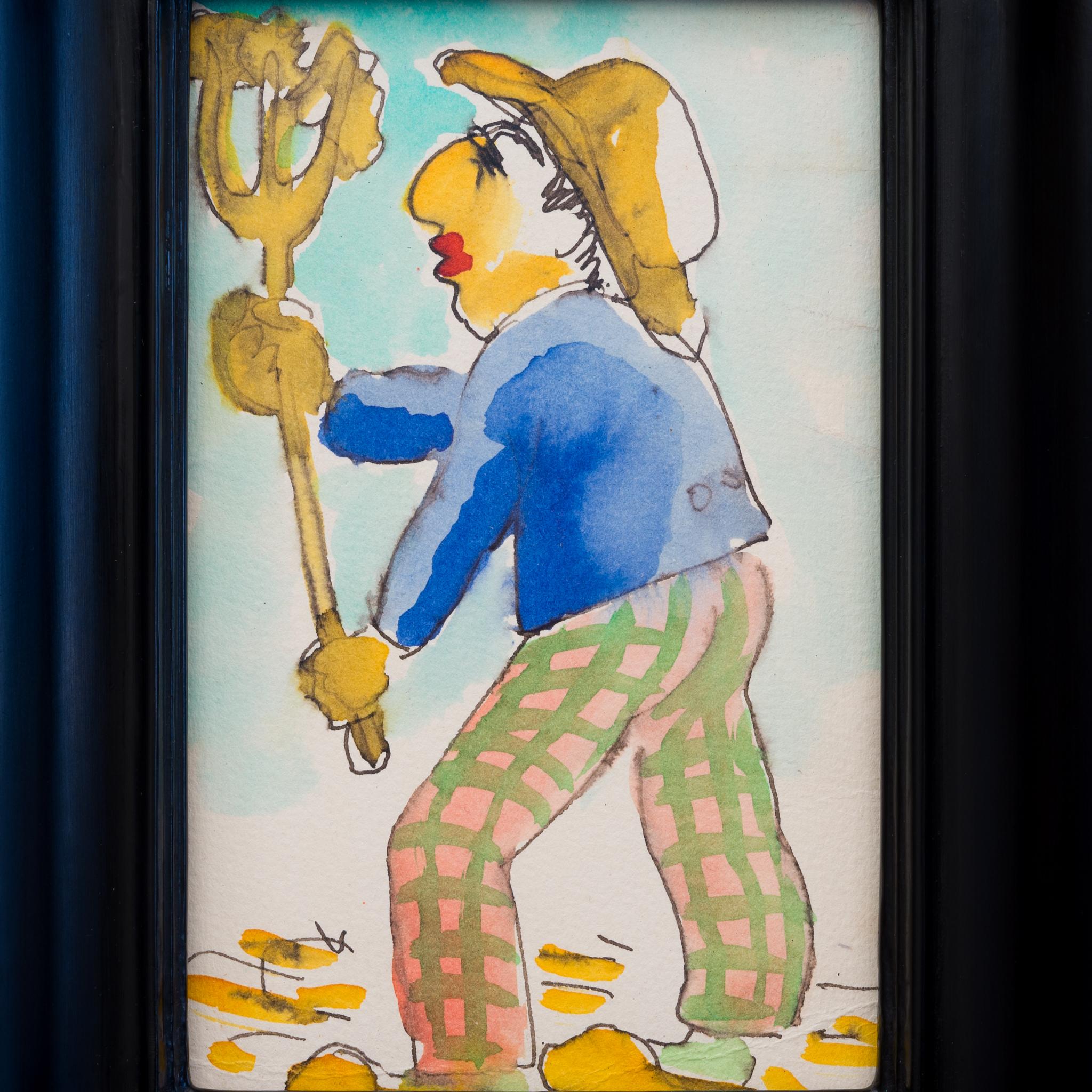 Postkartenplakat mit der Darstellung eines Bauern mit seiner dreizackigen Krüge (Schwarz), Figurative Art, von Isaac Grünewald