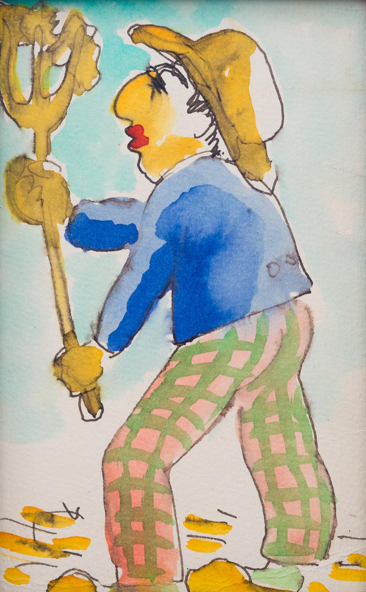 Postkartenplakat mit der Darstellung eines Bauern mit seiner dreizackigen Krüge – Art von Isaac Grünewald