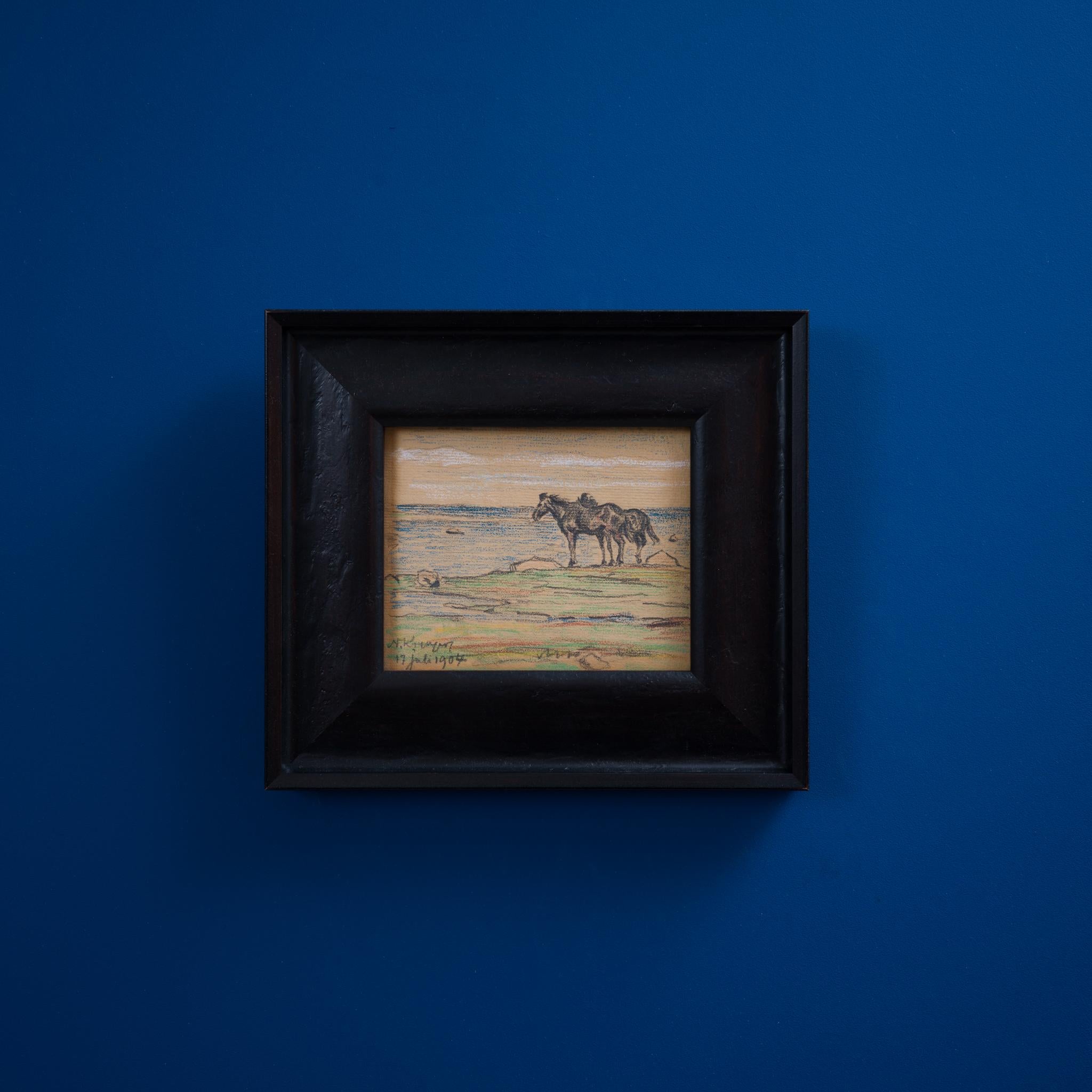 This exquisite small pastel painting by the renowned Swedish artist Nils Kreuger measuring just 11 x 14 cm. Signed and dated July 17, 1904, the artwork delicately portrays two horses at the brink of the Baltic Sea, a tranquil scene likely from the
