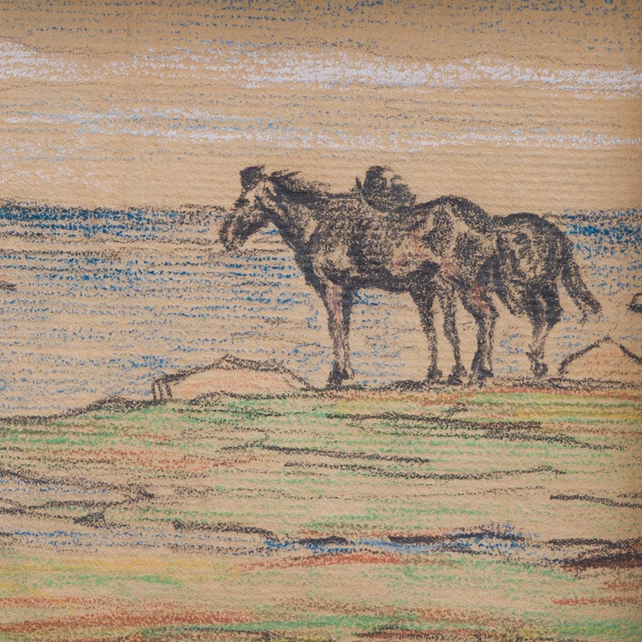 Two Horses by the Shore, Painted With Pastel Crayon, 1904 For Sale 2
