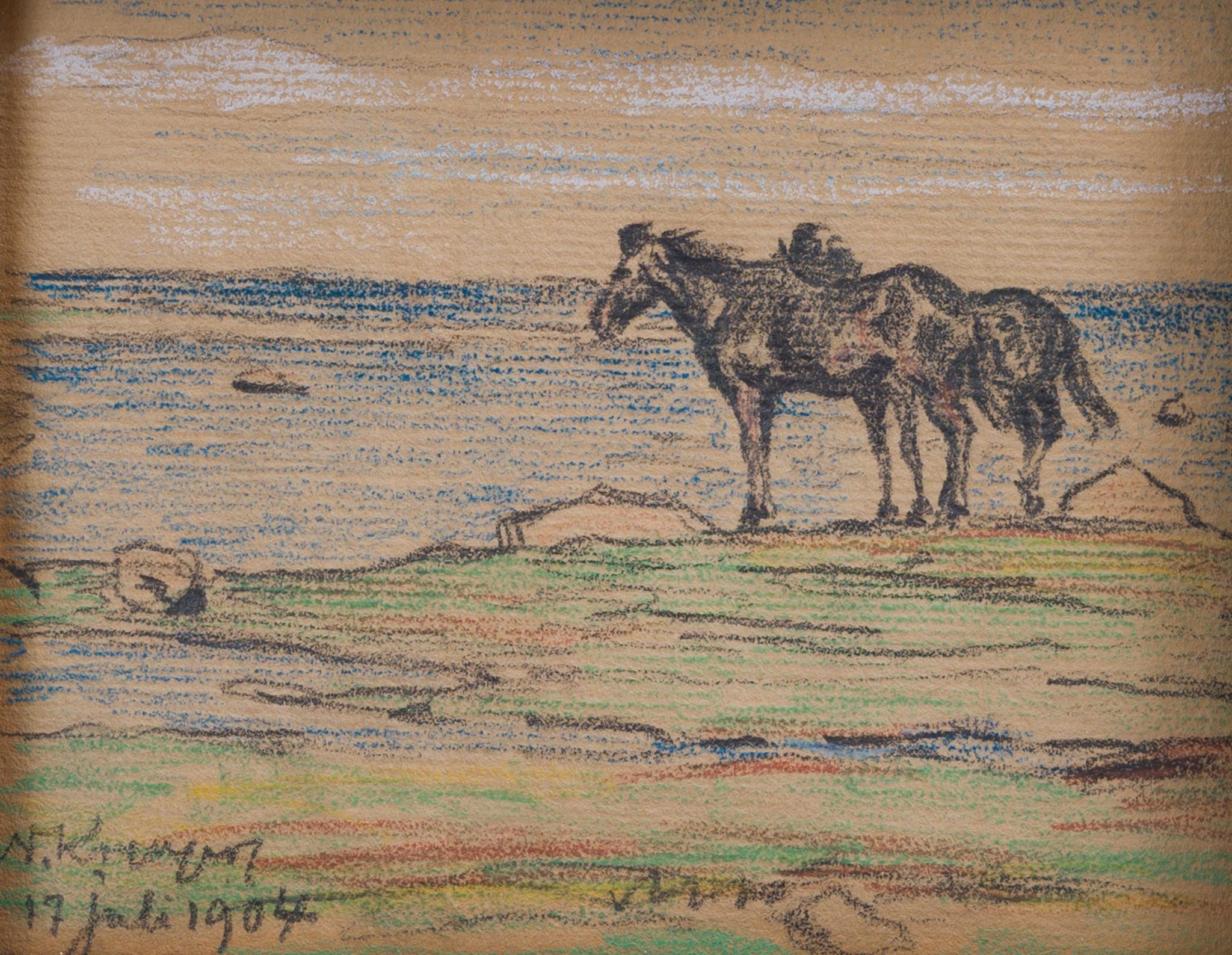 Two Horses by the Shore, Painted With Pastel Crayon, 1904 For Sale 1