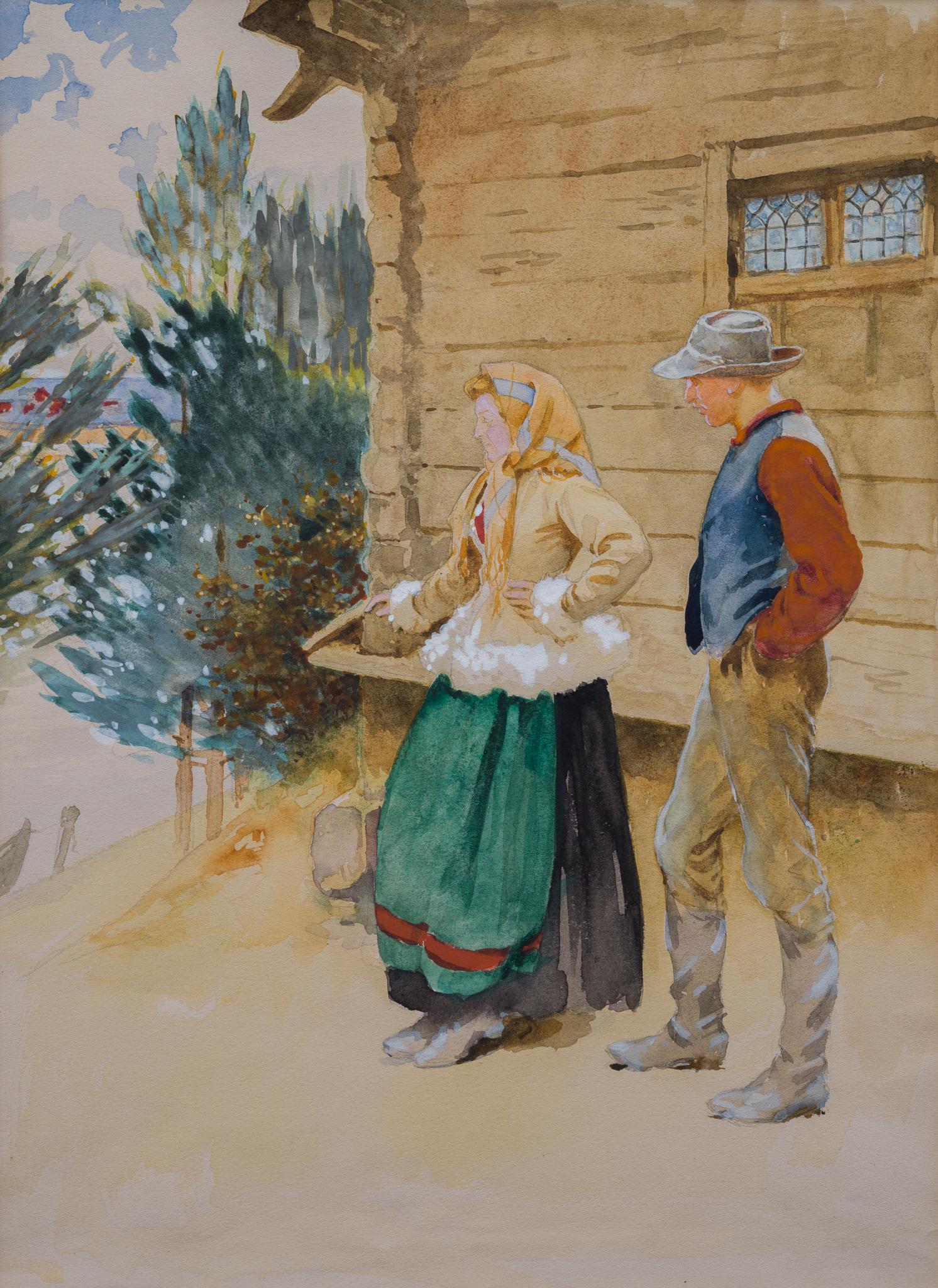 Quiet Contemplation: Rural Serenity in Hagborg's Watercolor - Art by August Hagborg