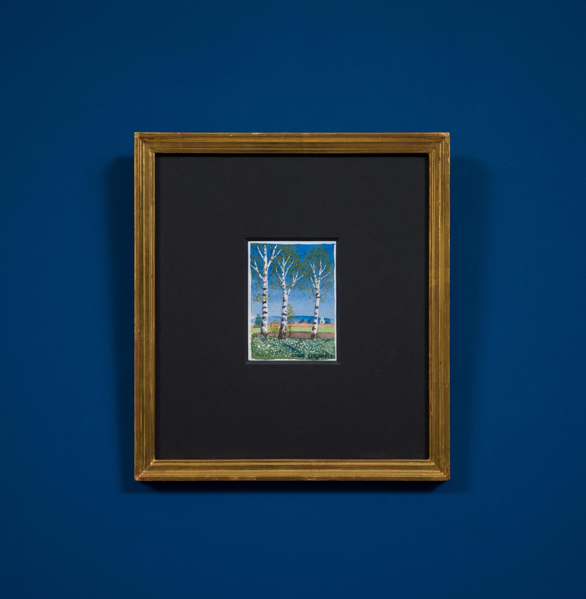 Miniature Watercolor Called Plains Landscape By Swedish Artist Oskar Bergman 1
