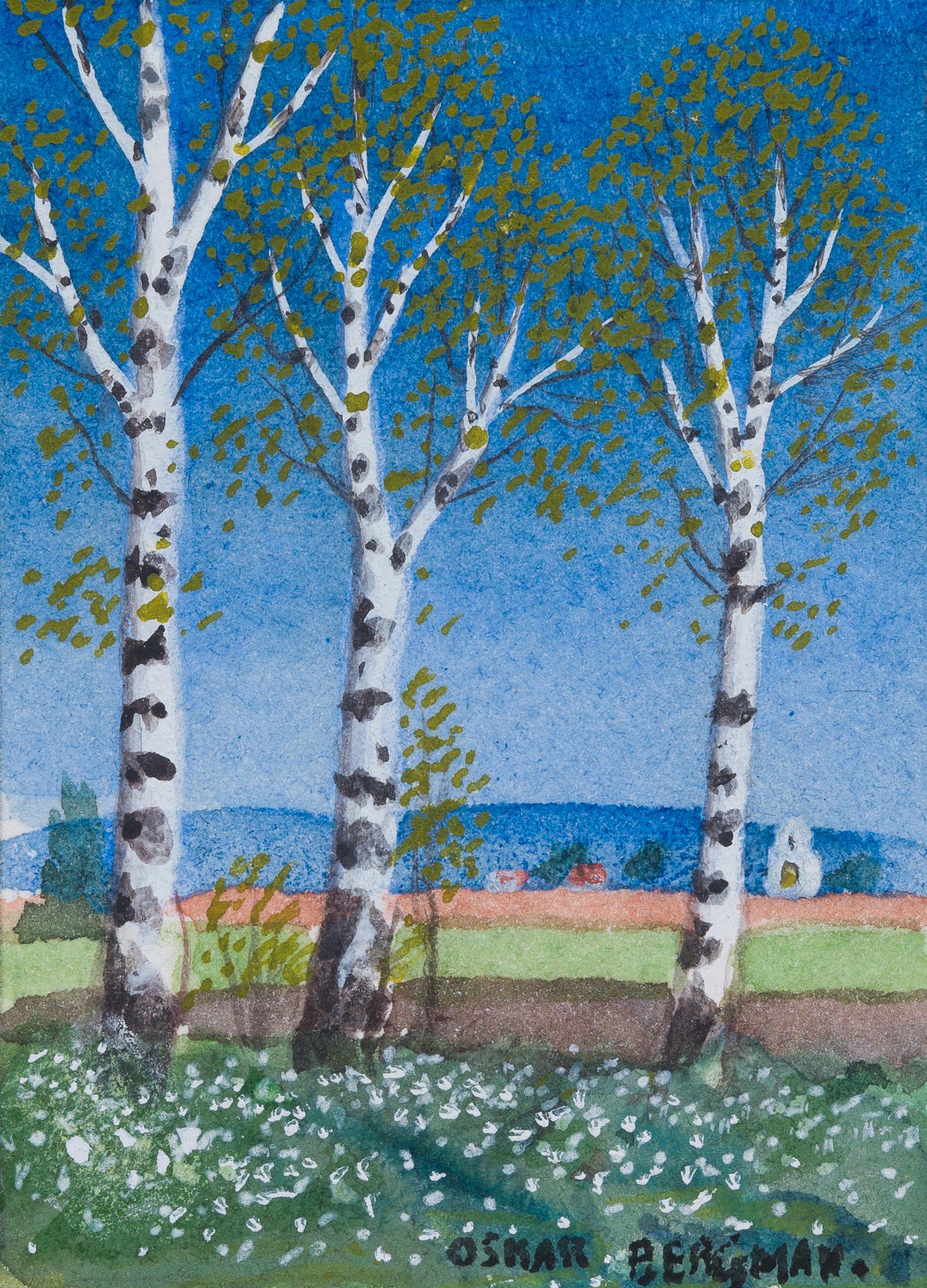 Miniature Watercolor Called Plains Landscape By Swedish Artist Oskar Bergman 2