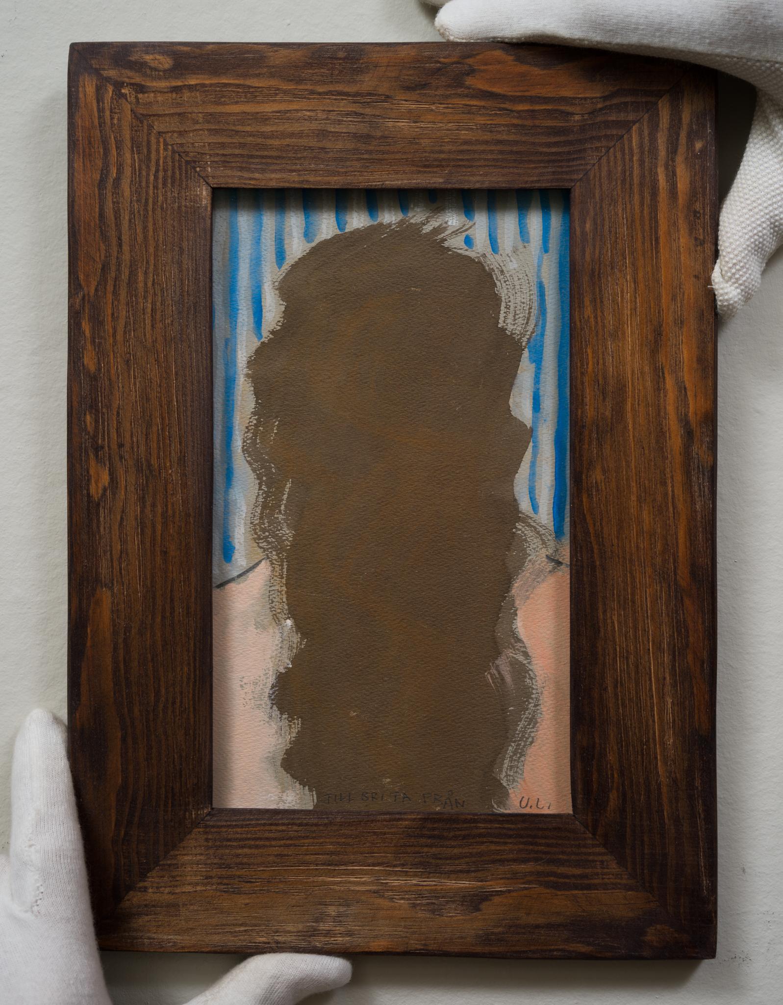 Dieses Gouache-Gemälde von Ulf Linde, einem vielseitigen Schweden, zeigt eine einzigartige Darstellung einer Frau in der Rückenansicht vor einem blau-weiß gestreiften Hintergrund. Das Kunstwerk, das wahrscheinlich aus den 1970er oder 1980er Jahren