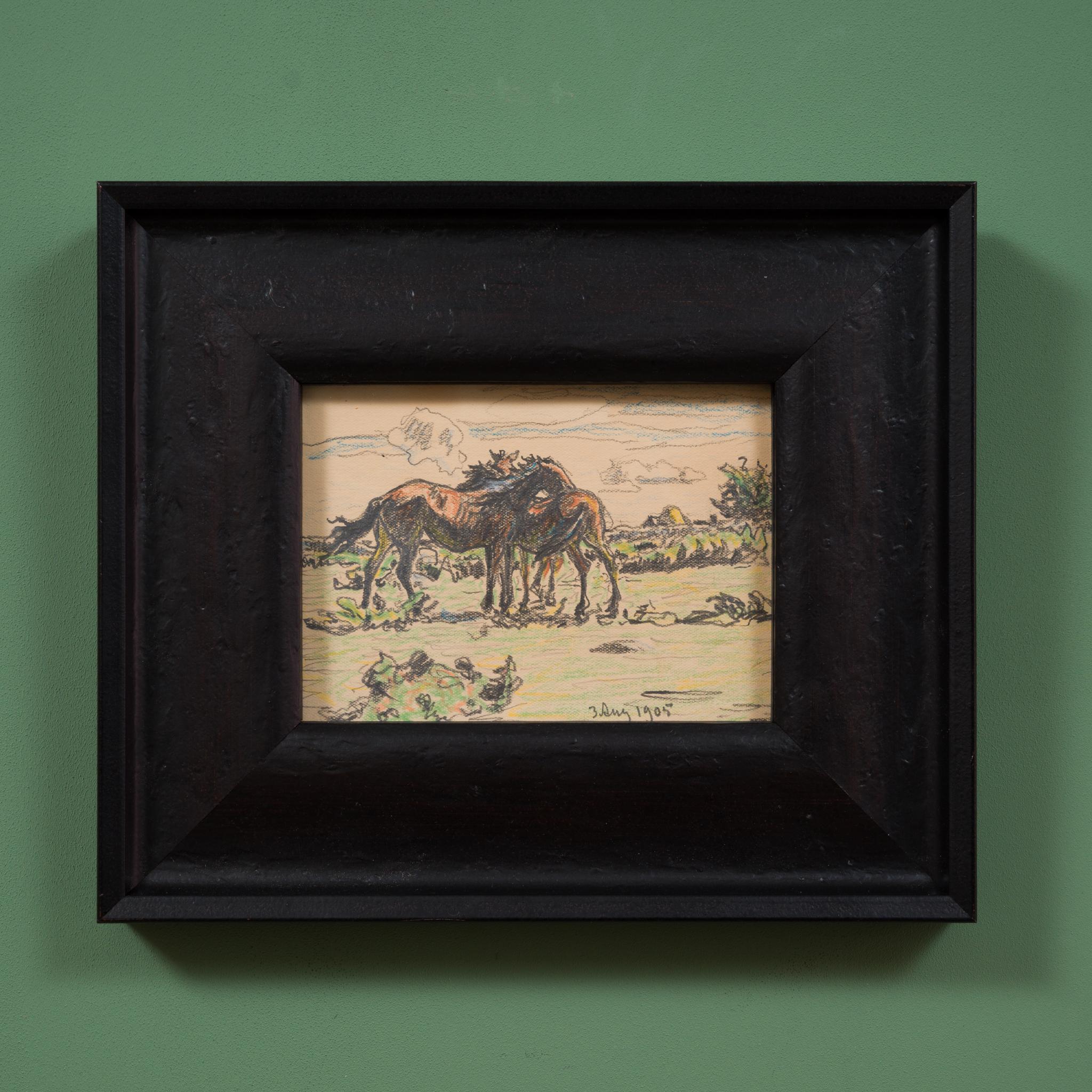 This pastel drawing by Nils Kreuger, dating from 1905, presents an intimate moment between two horses that appear to be embracing each other. The use of pastel chalks is confident, imbuing the scene with a soft yet vibrant energy that reflects the