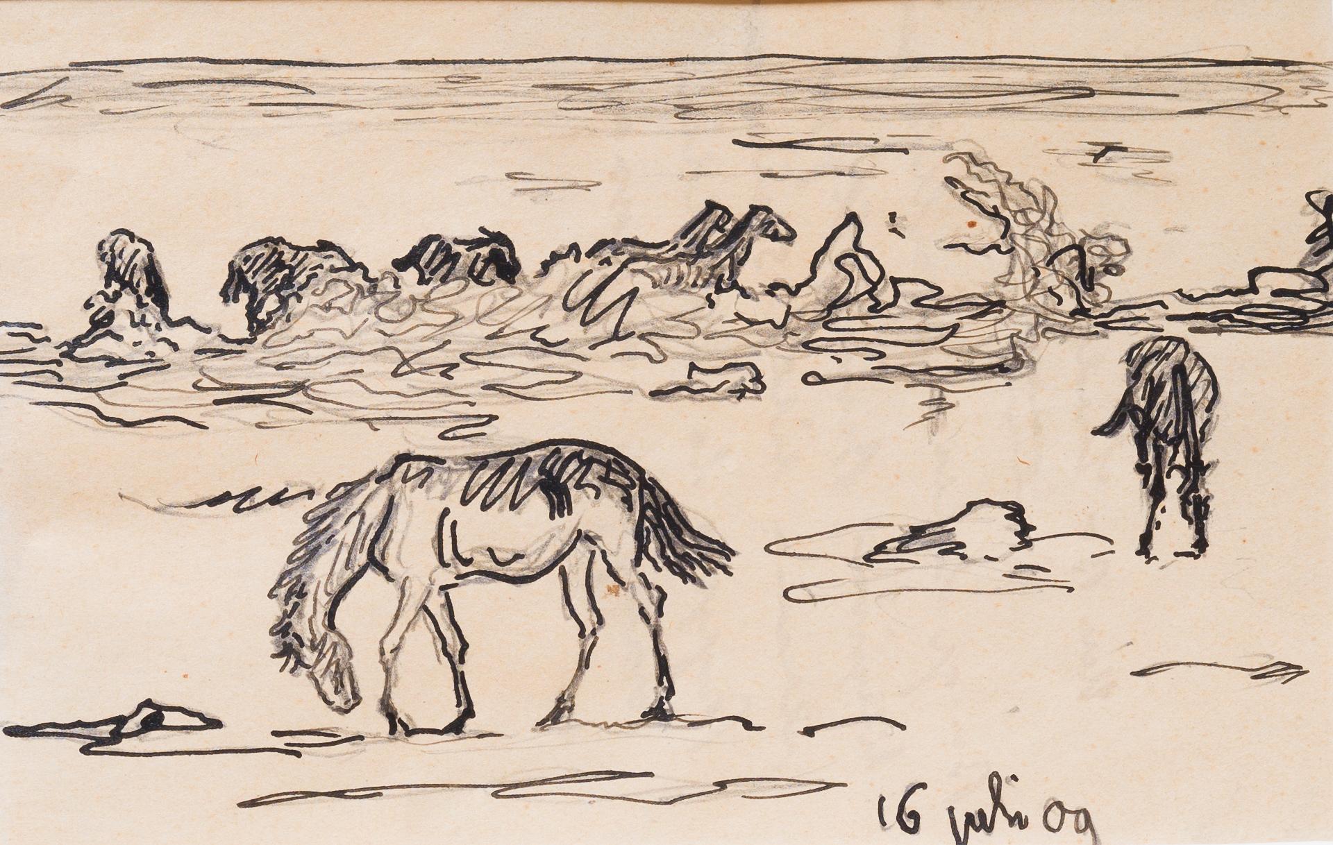 This drawing by Nils Kreuger, created in 1909, captures a serene moment in nature featuring a group of horses, some grazing while others are in motion, set against a backdrop of water and wind-swept trees. Kreuger, born on October 11, 1858, in