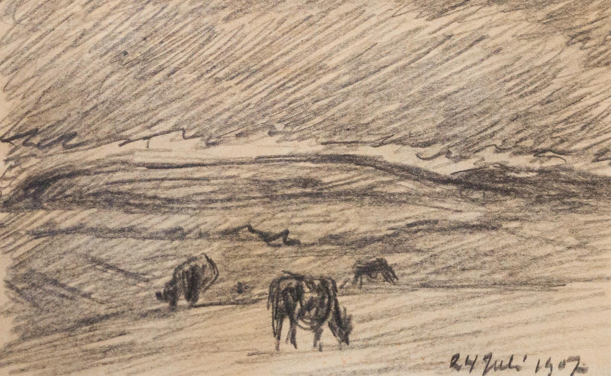 Les vaches brouillent dans une prairie, crayon, 1907 - Naturalisme Art par Nils Kreuger