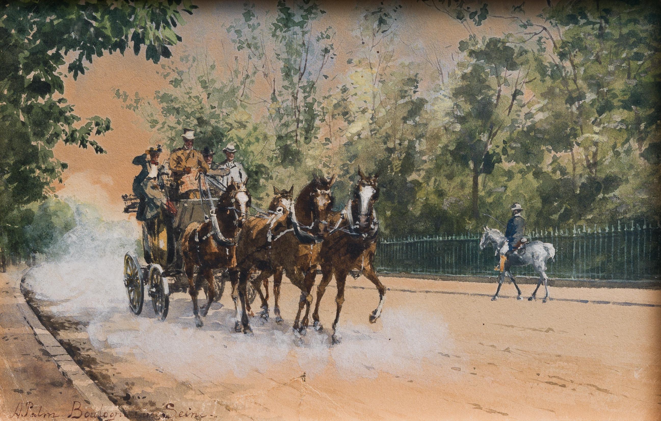 Coach und Pferde in voller Geschwindigkeit, Paris, Boulogne-sur-Seine (Realismus), Art, von Anna Palm de Rosa