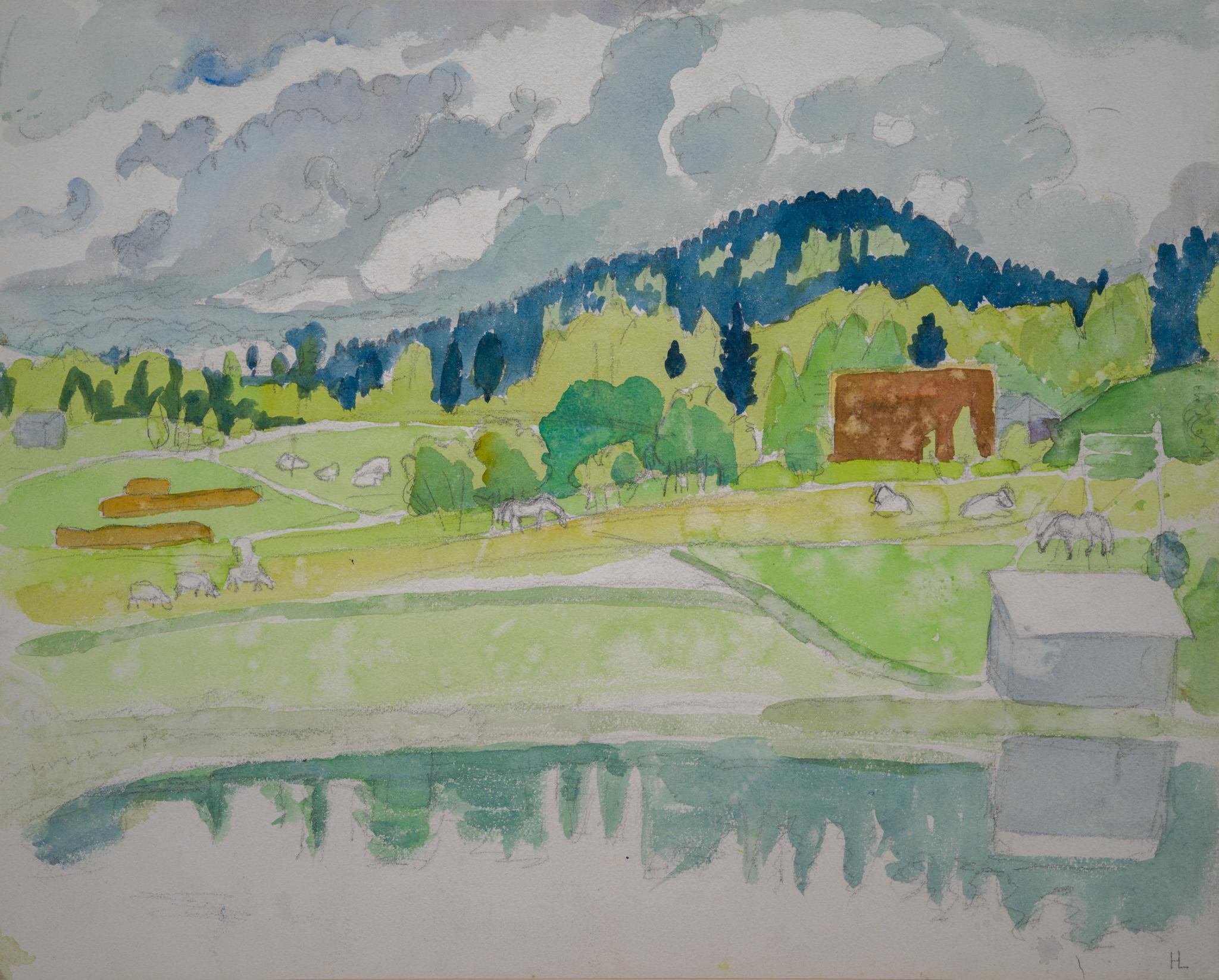 A Rural Landscape With Cows and Horses, Watercolor by Hilding Linnqvist For Sale 1