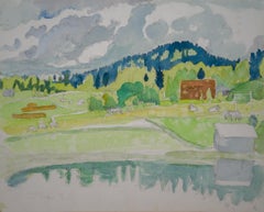 A Rural Landscape With Cows and Horses, Watercolor by Hilding Linnqvist