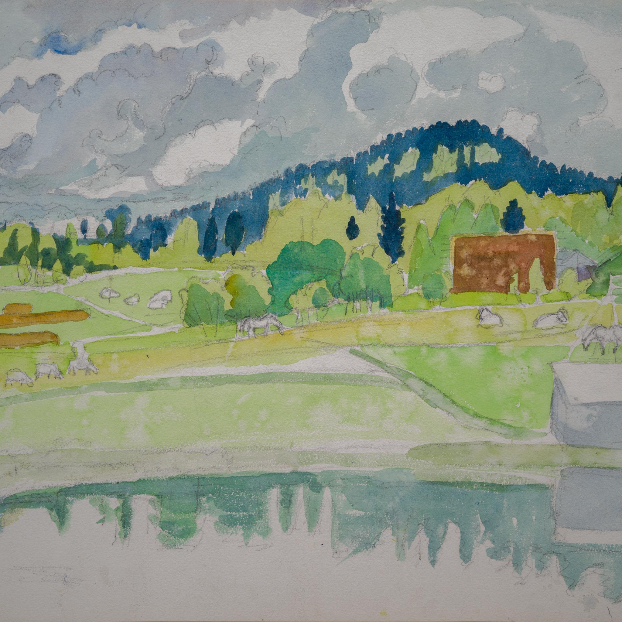 A Rural Landscape With Cows and Horses, Watercolor by Hilding Linnqvist For Sale 2