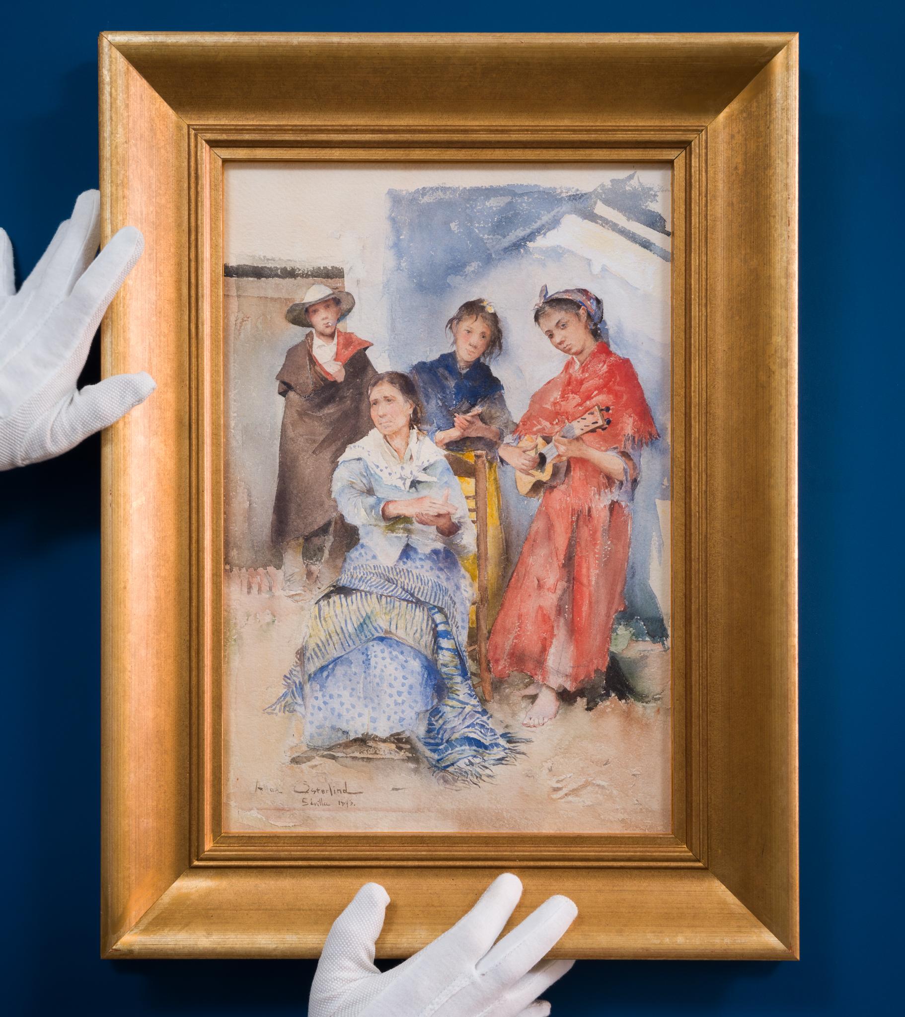 Scène de la vie quotidienne à Séville, 1893, aquarelle d'Allan Österlind en vente 1
