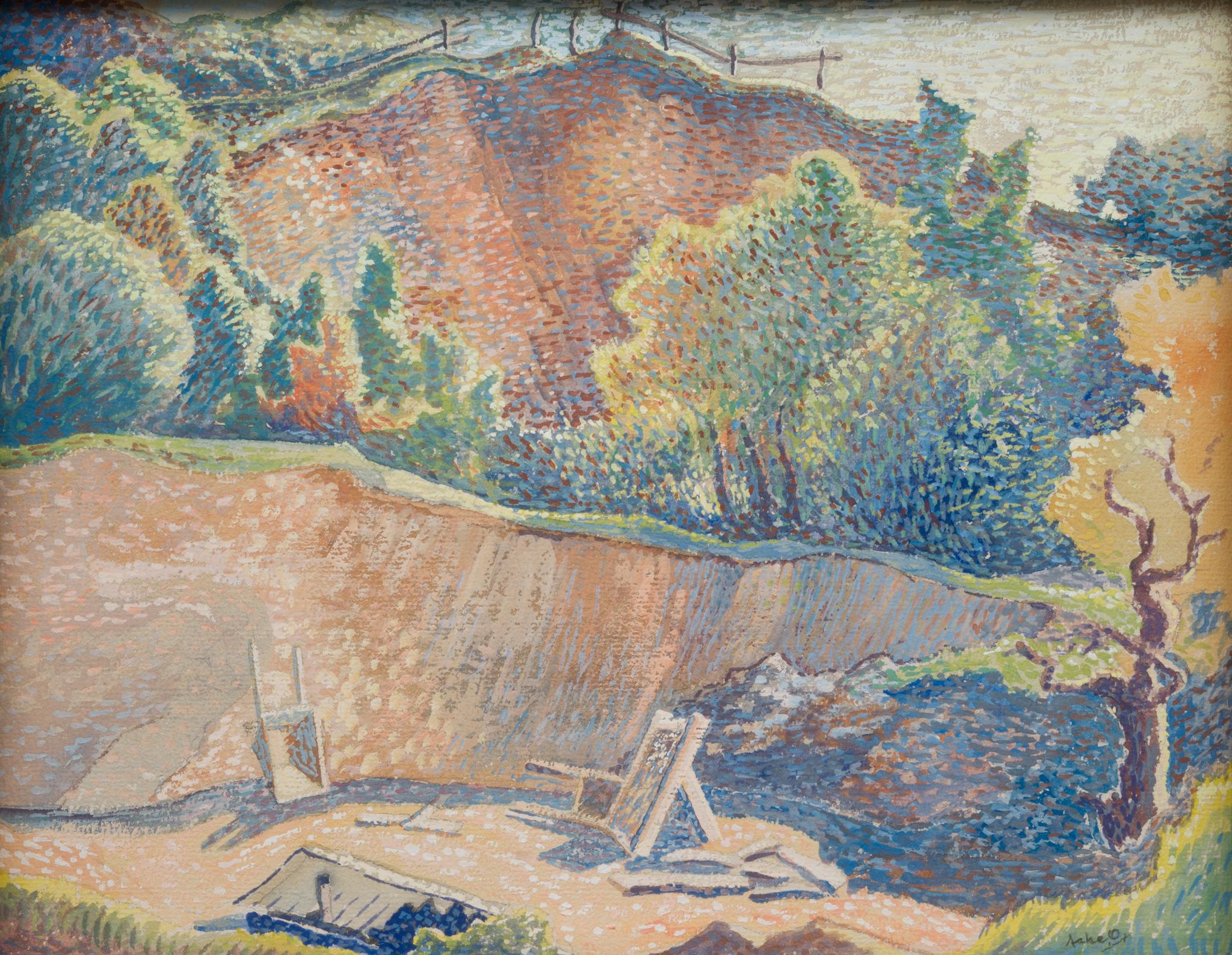 Un colorato paesaggio puntinista vicino alla scogliera, 1935 ca. - Painting Surrealismo di Axel Olson