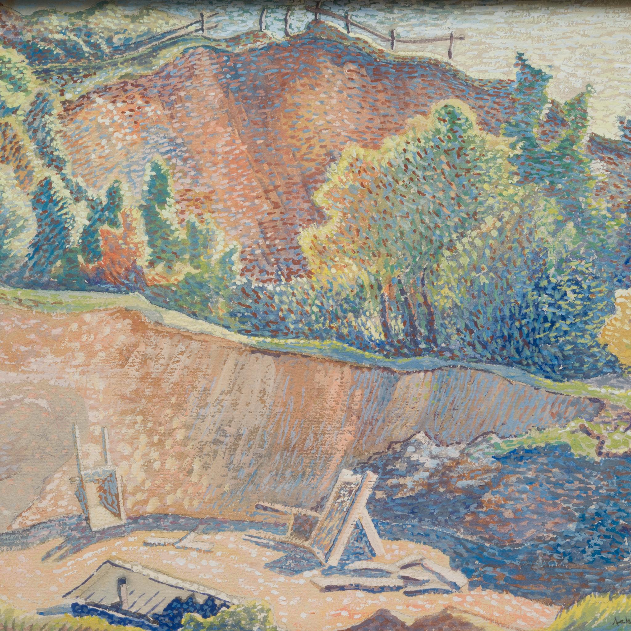 Un colorato paesaggio puntinista vicino alla scogliera, 1935 ca. - Landscape Painting Marrone di Axel Olson