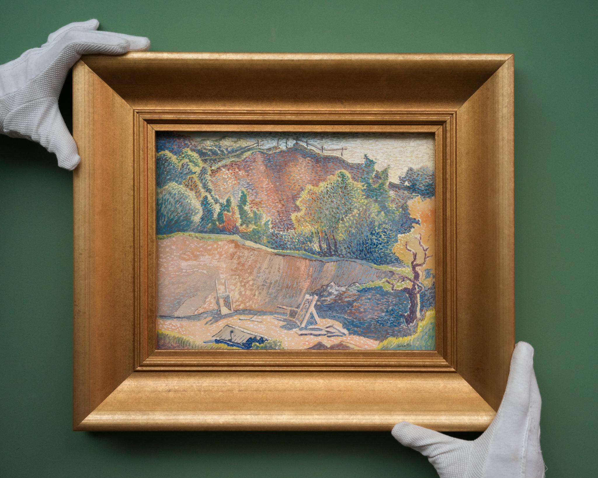 Un colorato paesaggio puntinista vicino alla scogliera, 1935 ca. - Painting di Axel Olson