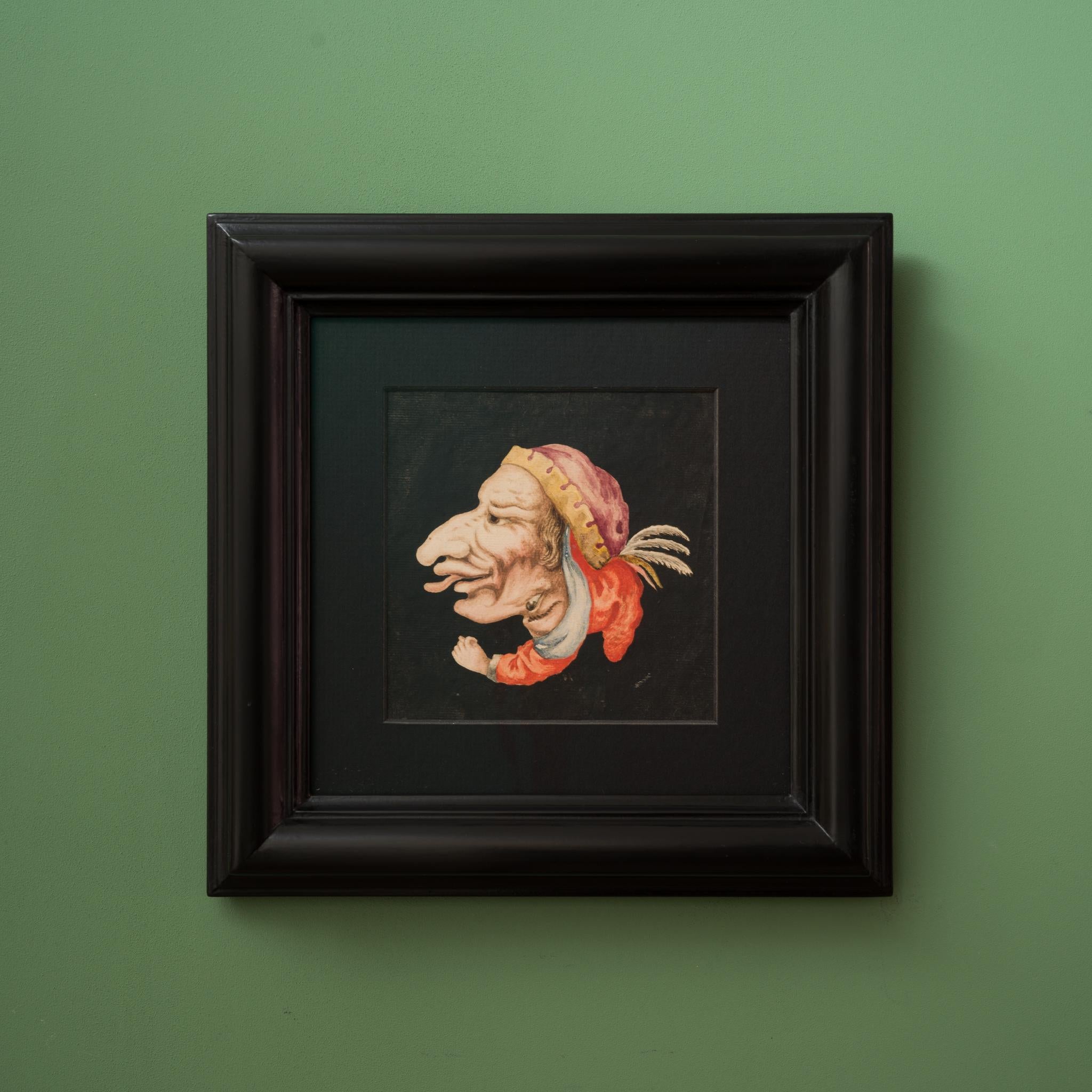 Wir freuen uns, ein einzigartiges Aquarell eines unbekannten Künstlers anbieten zu können, das dem fantasievollen und unverwechselbaren Stil von Giuseppe Arcimboldo folgt. Dieses faszinierende Stück weist ein Doppelporträt auf, das beim Drehen zwei