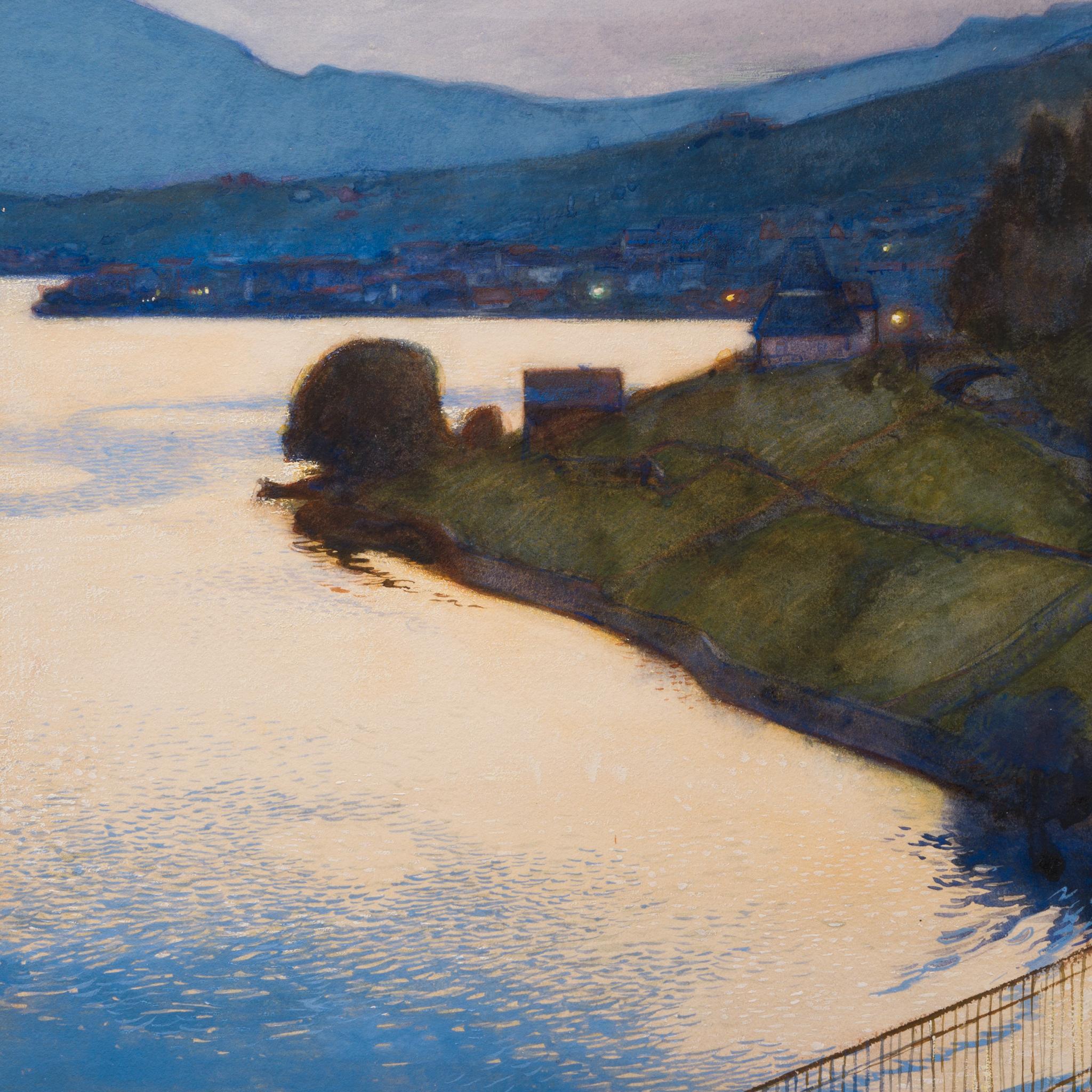 Sera d'estate a Montreux, Lago di Ginevra, 1902 - Landscape Art Marrone di Olle Hjortzberg