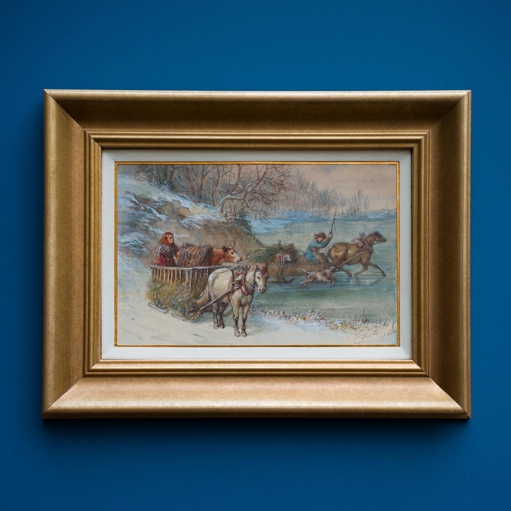 Across the Frozen River, 1870, Original Watercolor - Brown Figurative Art by Fritz von Dardel 
