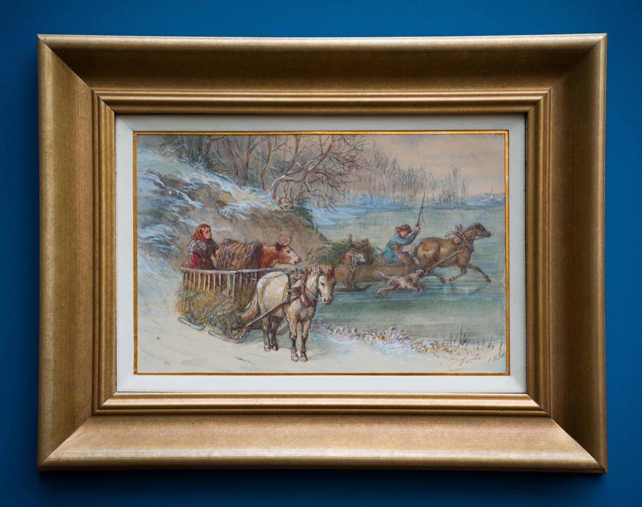 This exquisite watercolor by Fritz von Dardel captures a vivid winter scene, rich in narrative and detail. The composition depicts a rustic moment: a horse-drawn sleigh carrying a cow and hay, accompanied by another sleigh speeding across the frozen