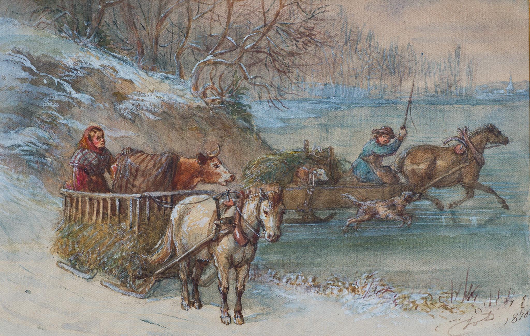 Across the Frozen River, 1870, Original Watercolor - Art by Fritz von Dardel 
