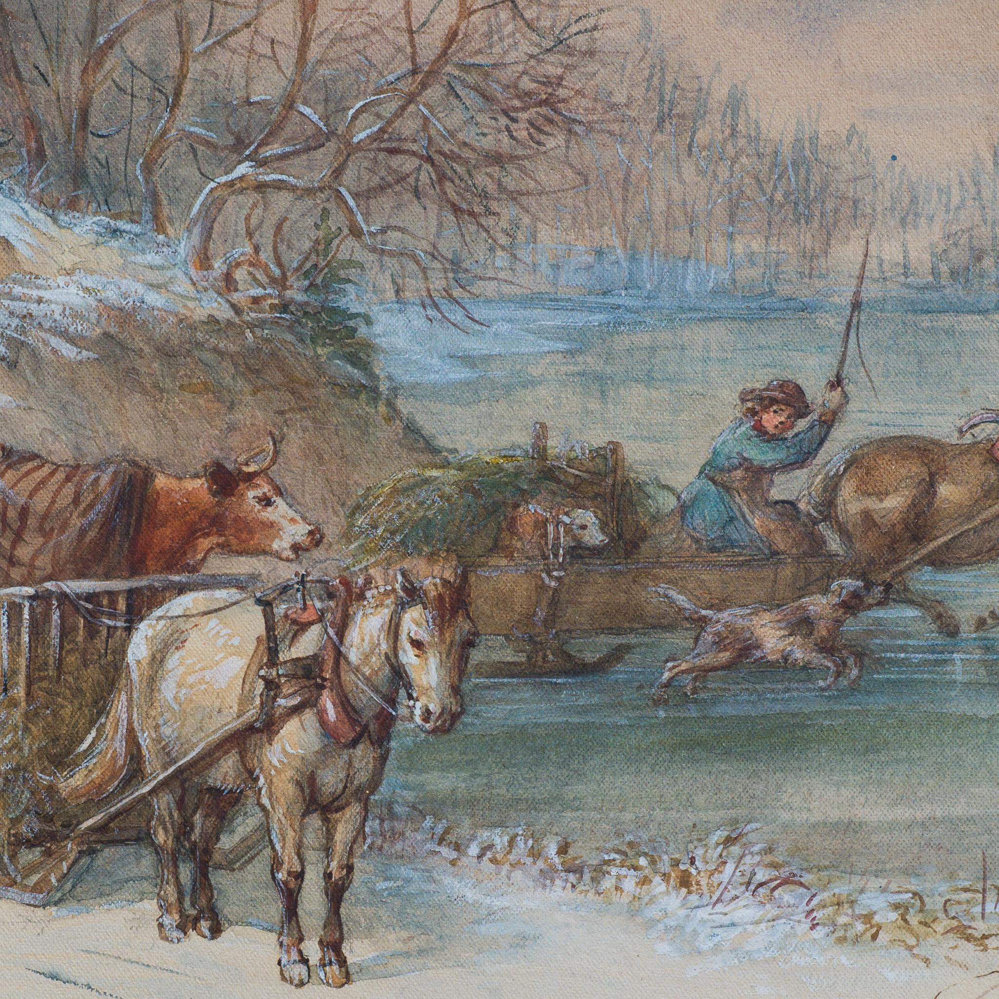 Across the Frozen River, 1870, Original Watercolor For Sale 1