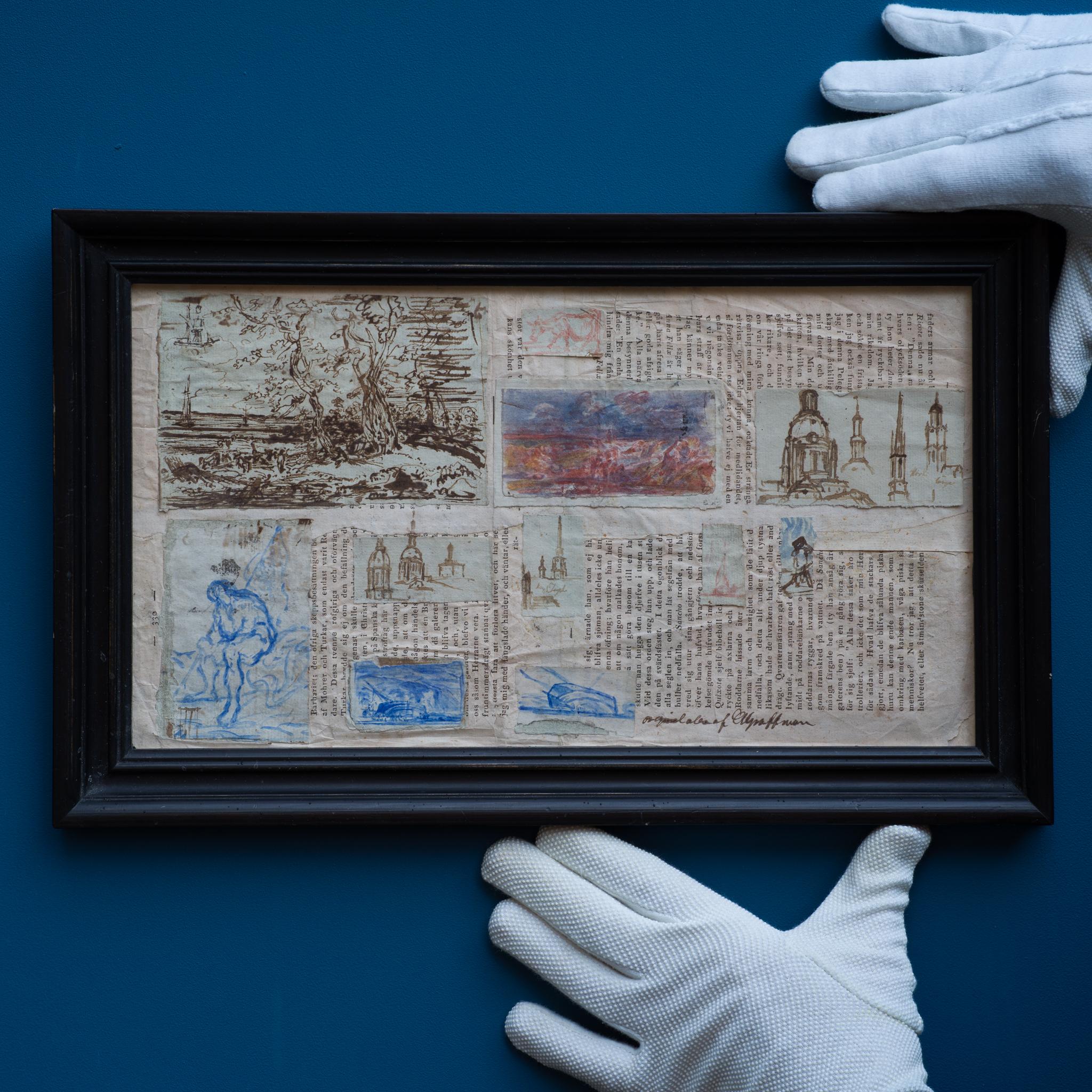 Eleven drawings of various subjects mounted on a printed sheet - Gray Figurative Art by CARL SAMUEL GRAFFMAN