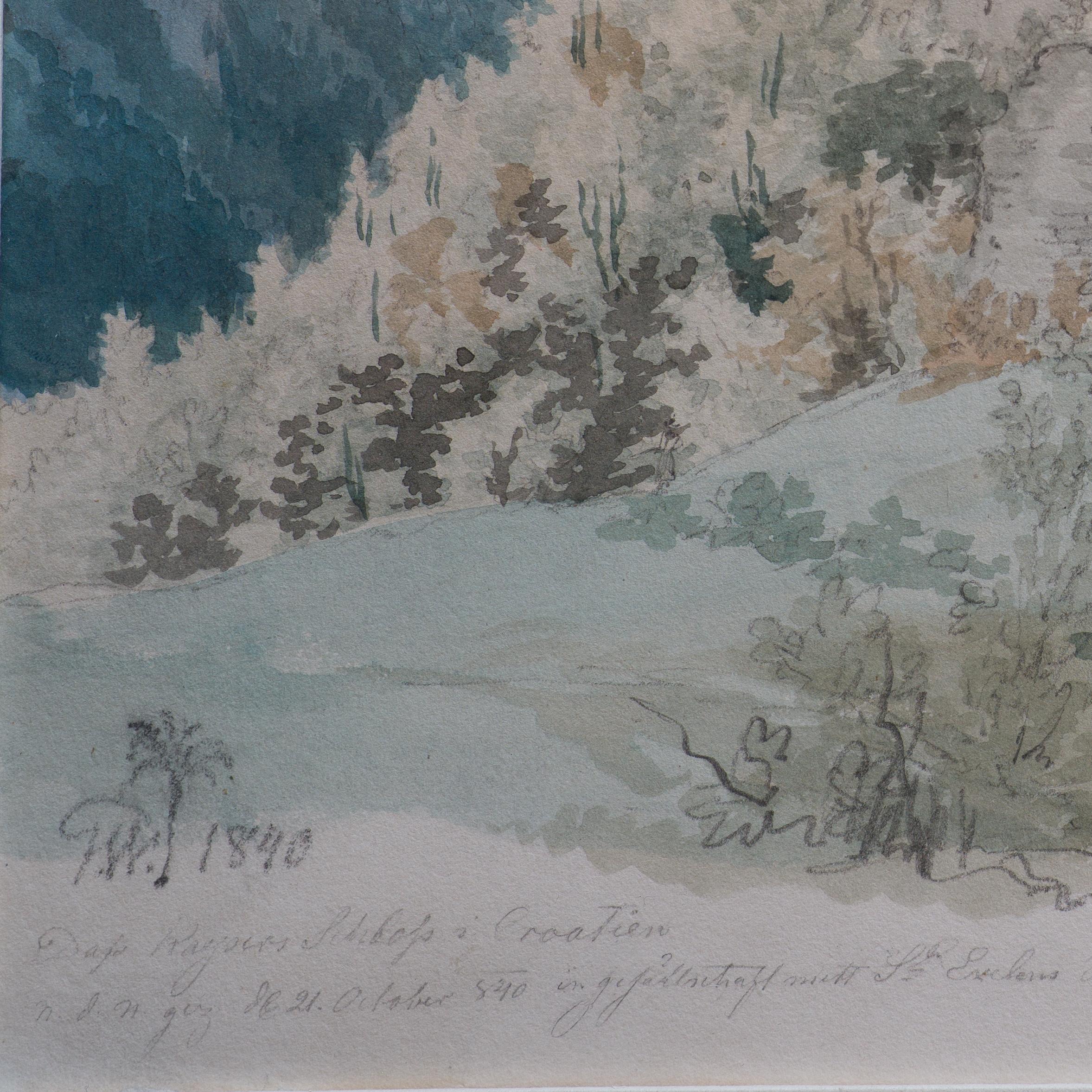 Gustaf Wilhelm Palm (1810–1890) Sweden

Ruins of the Imperial Castle Outside Split in Croatia

pencil and watercolour 
unframed: 23.6 x 29.2 cm (9 1/4 x 11 1/2 in)
framed: 40 x 45 cm (15 3/4 x 17 3/4 in)
signed G.W. [a palm tree] and dated 1840 and