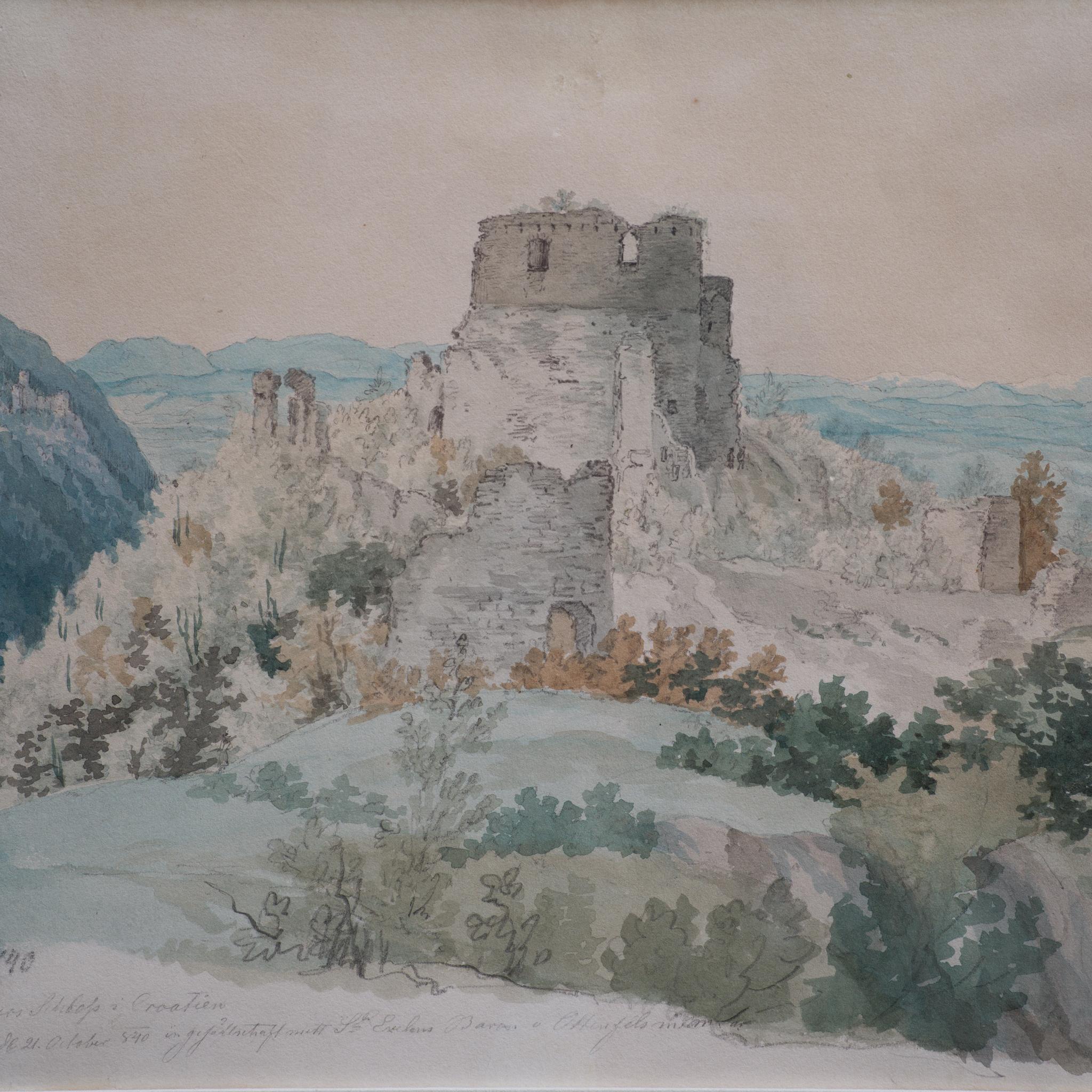 Ruins of the Imperial Castle Outside Split in Croatia - Gray Figurative Art by Gustaf Wilhelm Palm