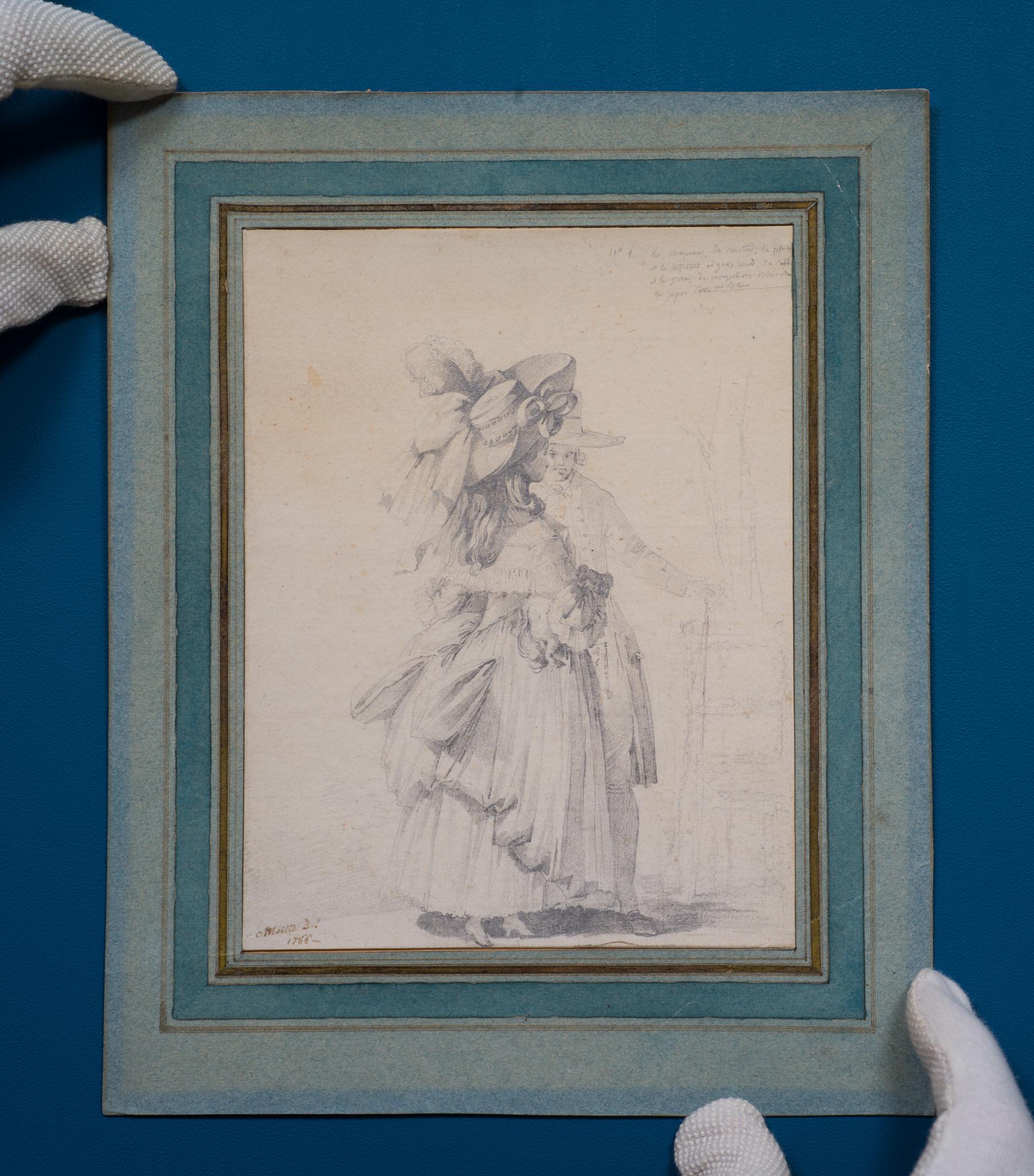 Rare on the Art Market, A Drawing by Moitte, A Fashionable Couple, 1766 For Sale 1