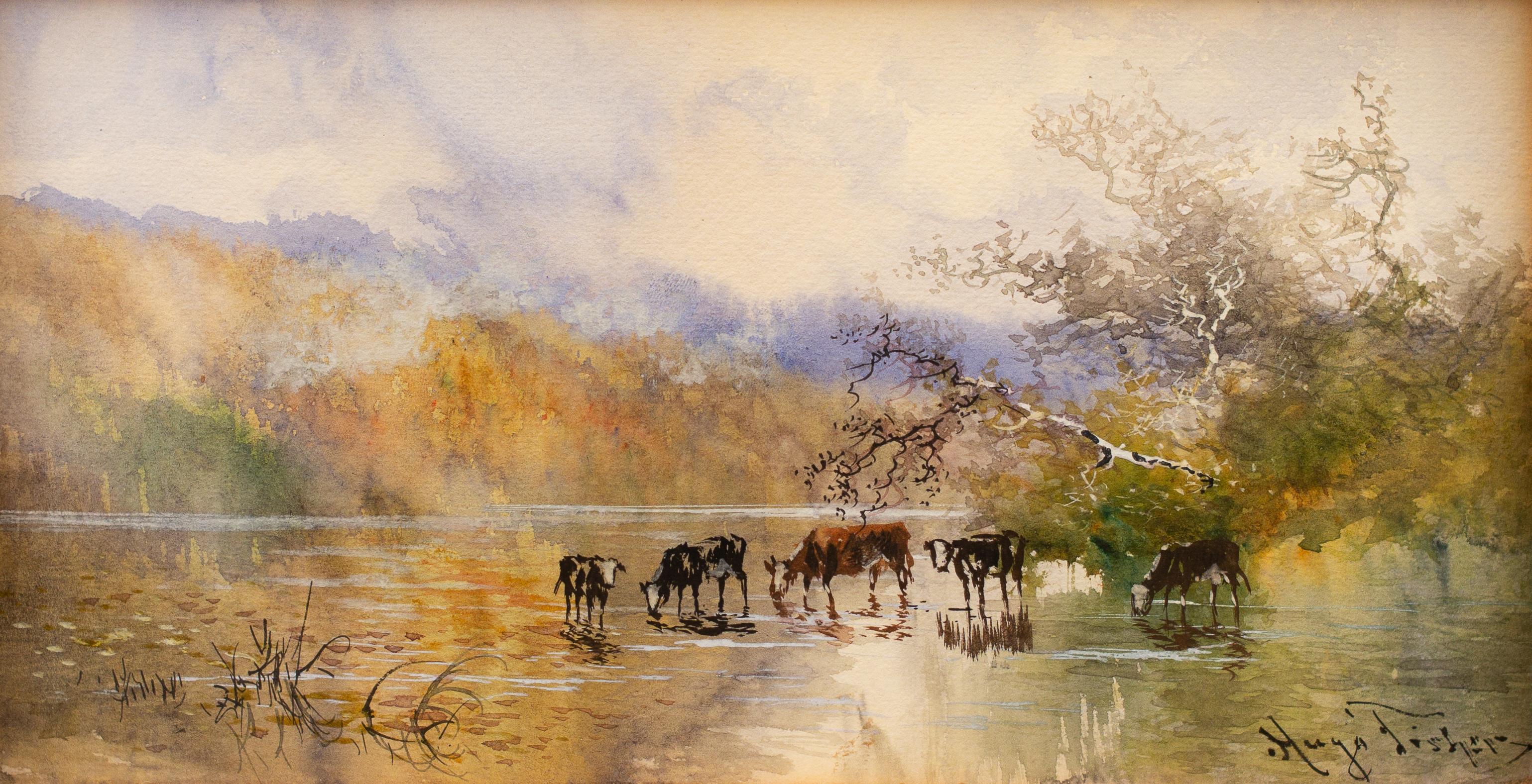 Landscape View With Cows Drinking Water by American Artist Hugo Anton Fisher 1