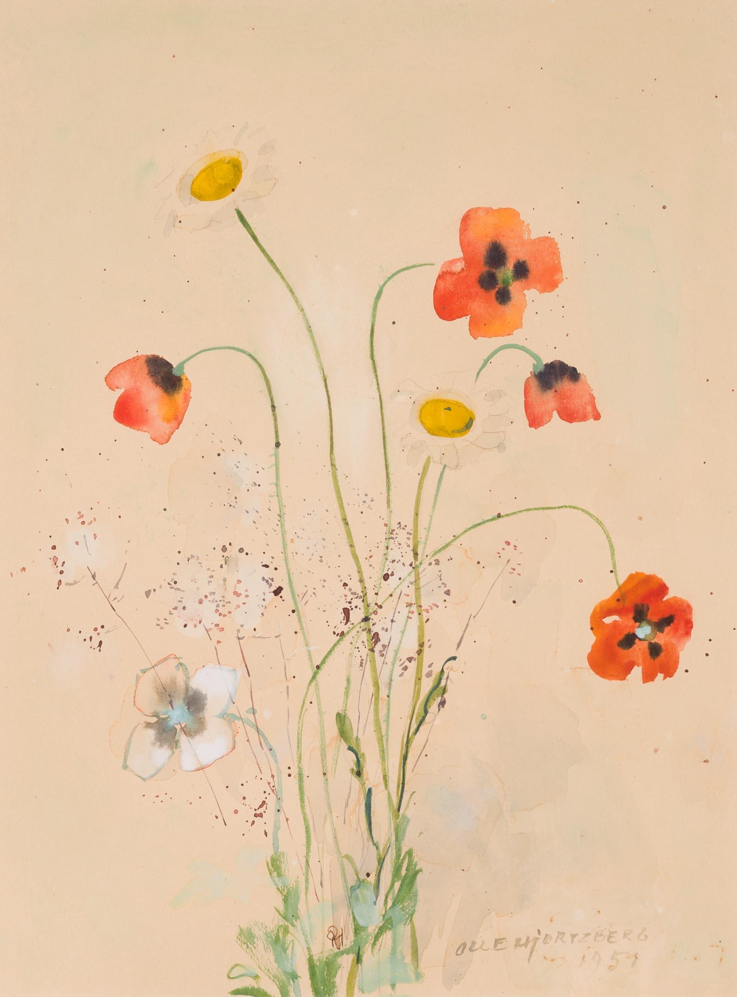 Poppies and Daisies, 1951 - A Rare Scandinavian Floral Impression - Art by Olle Hjortzberg